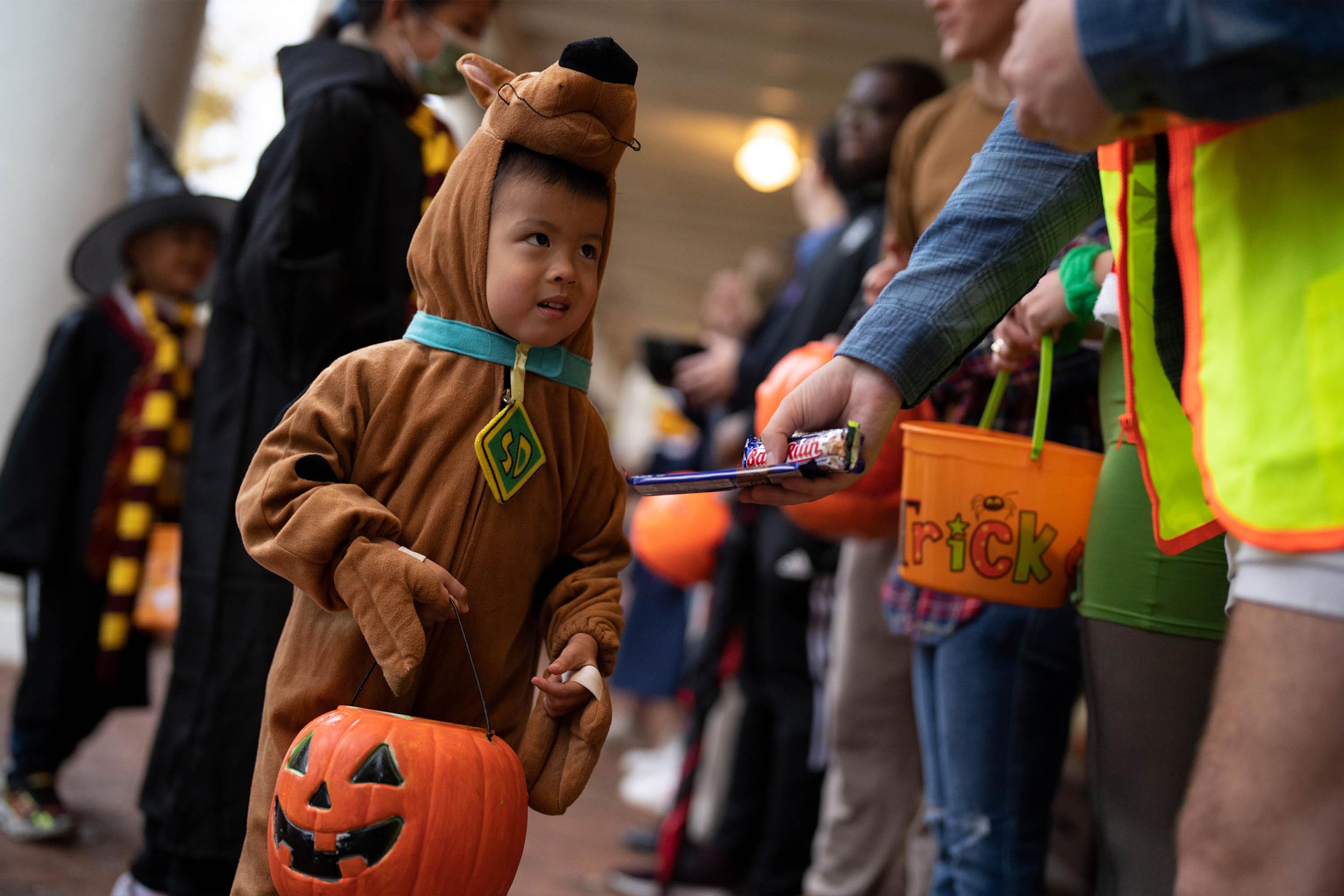 Little Scooby doo taking candy from a college student for their pumpkin bucket