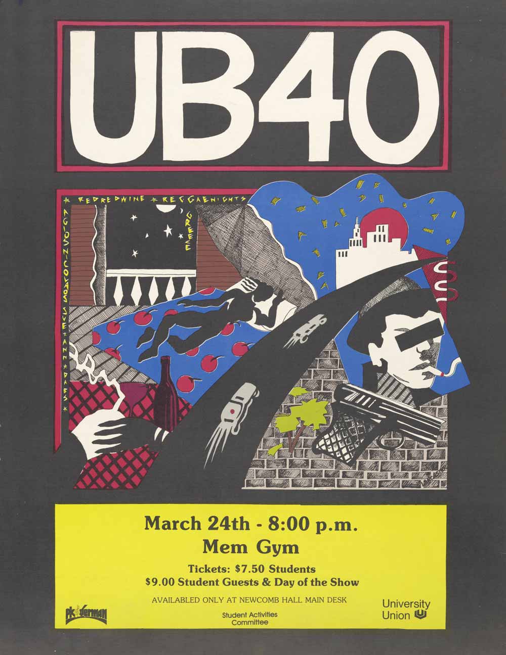 Homemade concert poster from when UB40 visited UVA in the 1980s