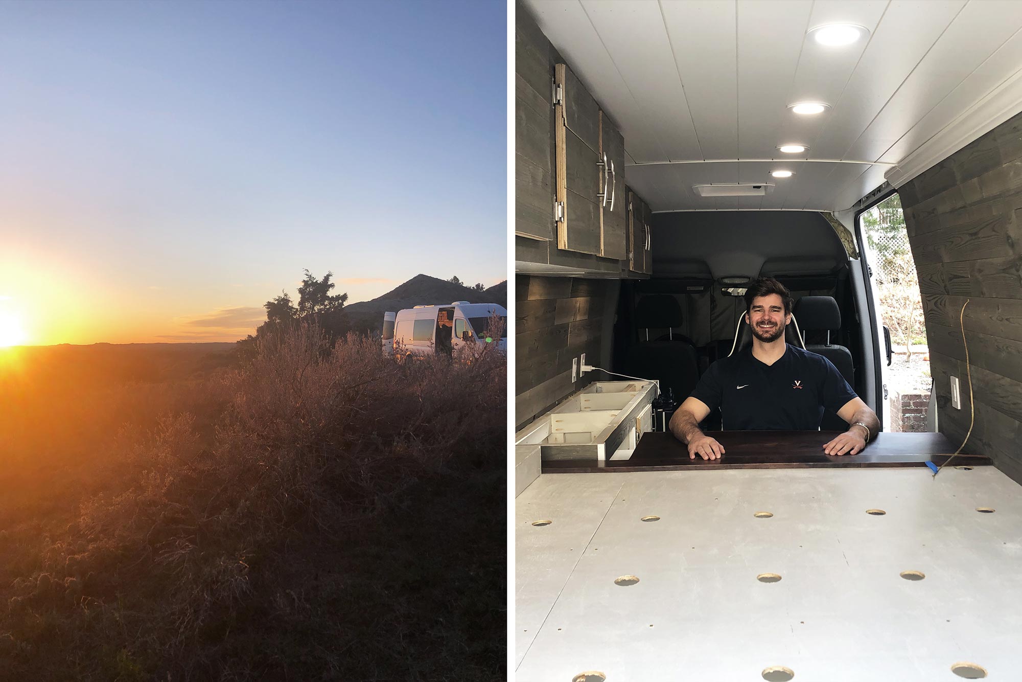 On the left, a photo of the van parked on an overlook at sunset. On the right, Pleško sits at his desk within the van as it's being built.