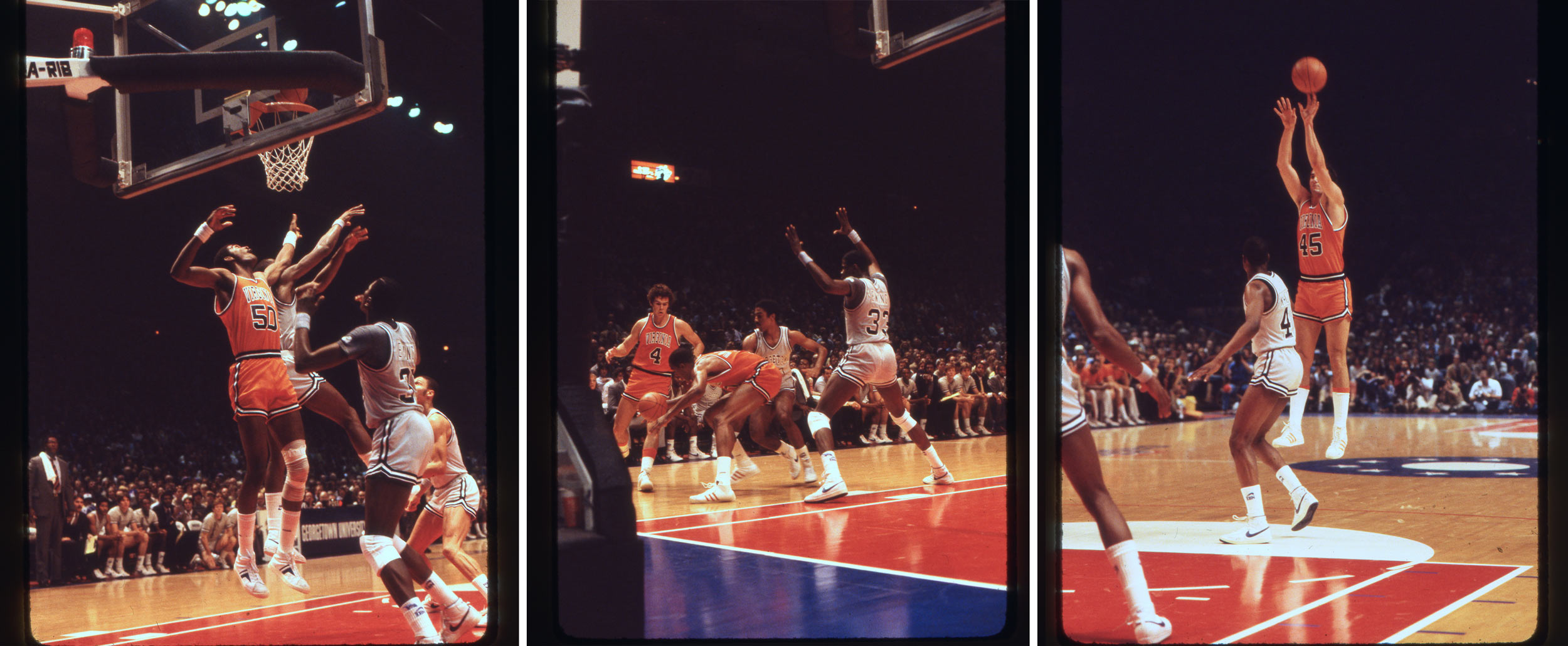 Three different images of Ralph Sampson playing basketball during a game