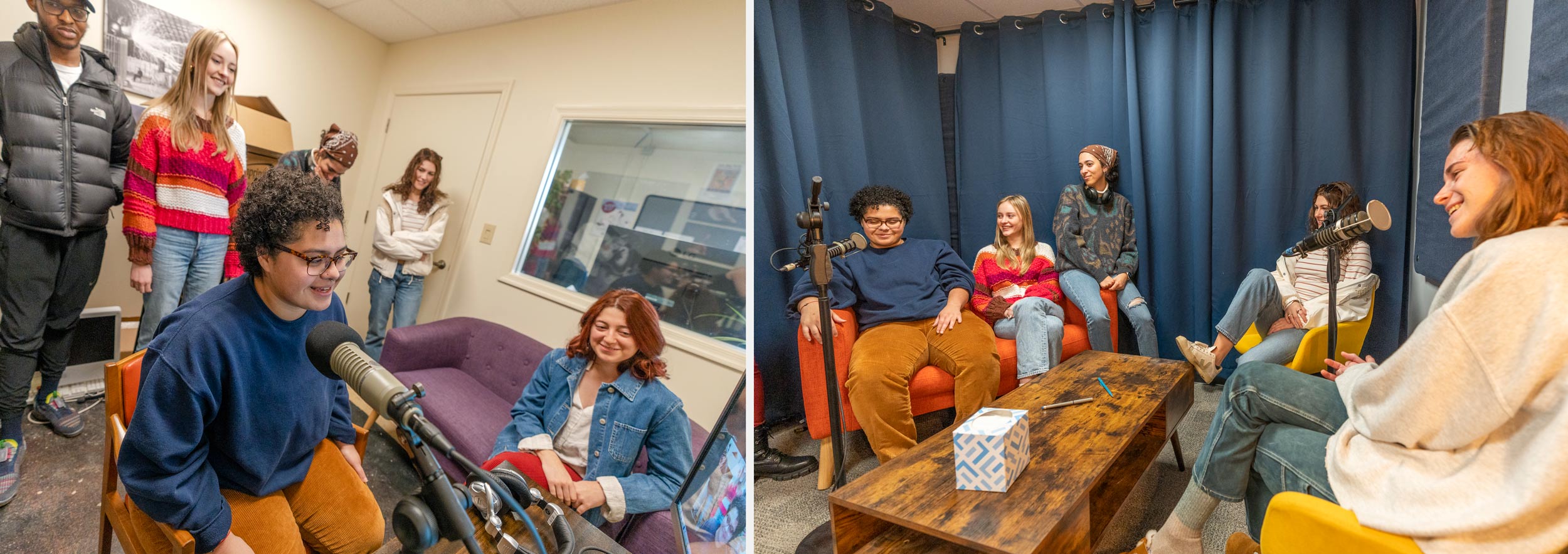 Left, Kalah Roché at a microphone practicing recording a podcast while classmates watch on; Right, Students sitting around the studio together