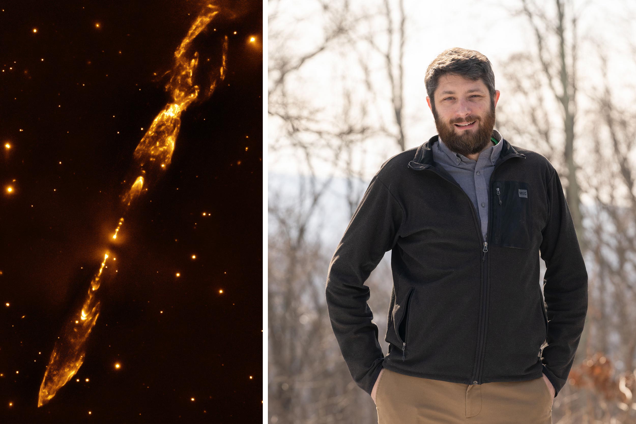 Golden jets of dusty plasma shoot out of opposites sides of a star, and Jon Ramsey stands with his hands in his pockets in front of leafless trees.
