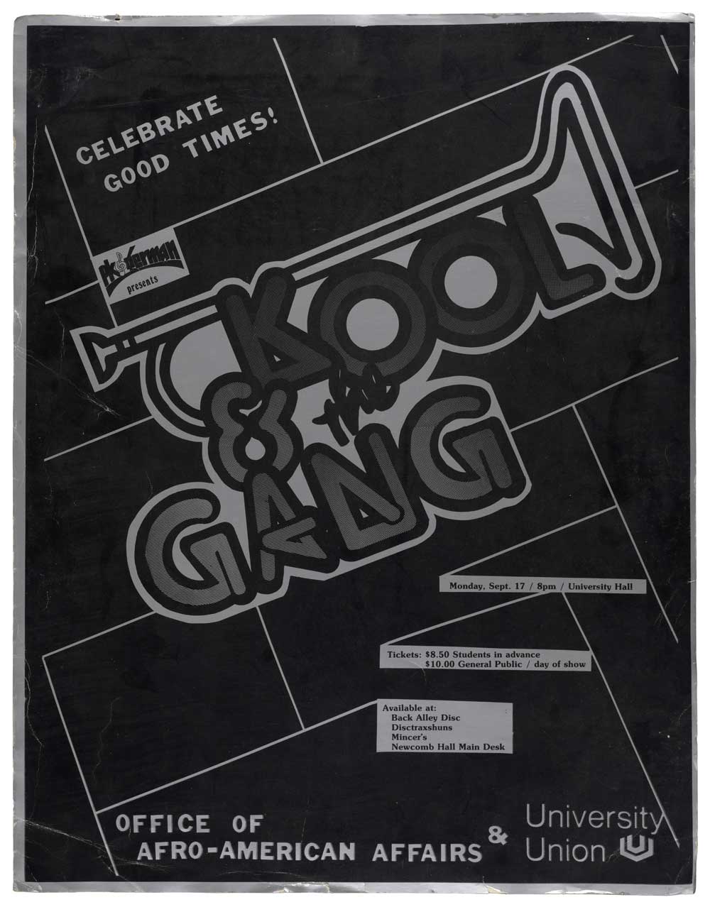 Homemade concert poster from when Kool & the Gang visited UVA in the 1980s