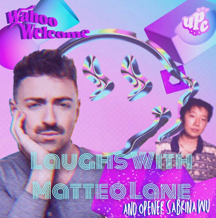 Infographic featuring Matteo Lane and Sabrina Wu in front of a purple background.