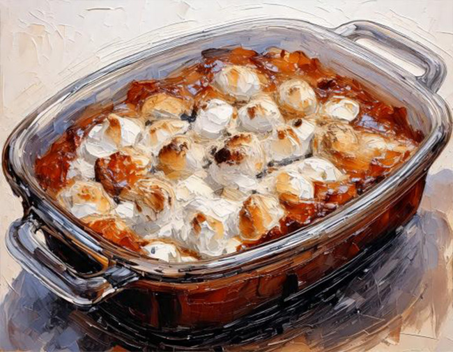 Digital illustration of yam casserole with roasted marshmallows on top