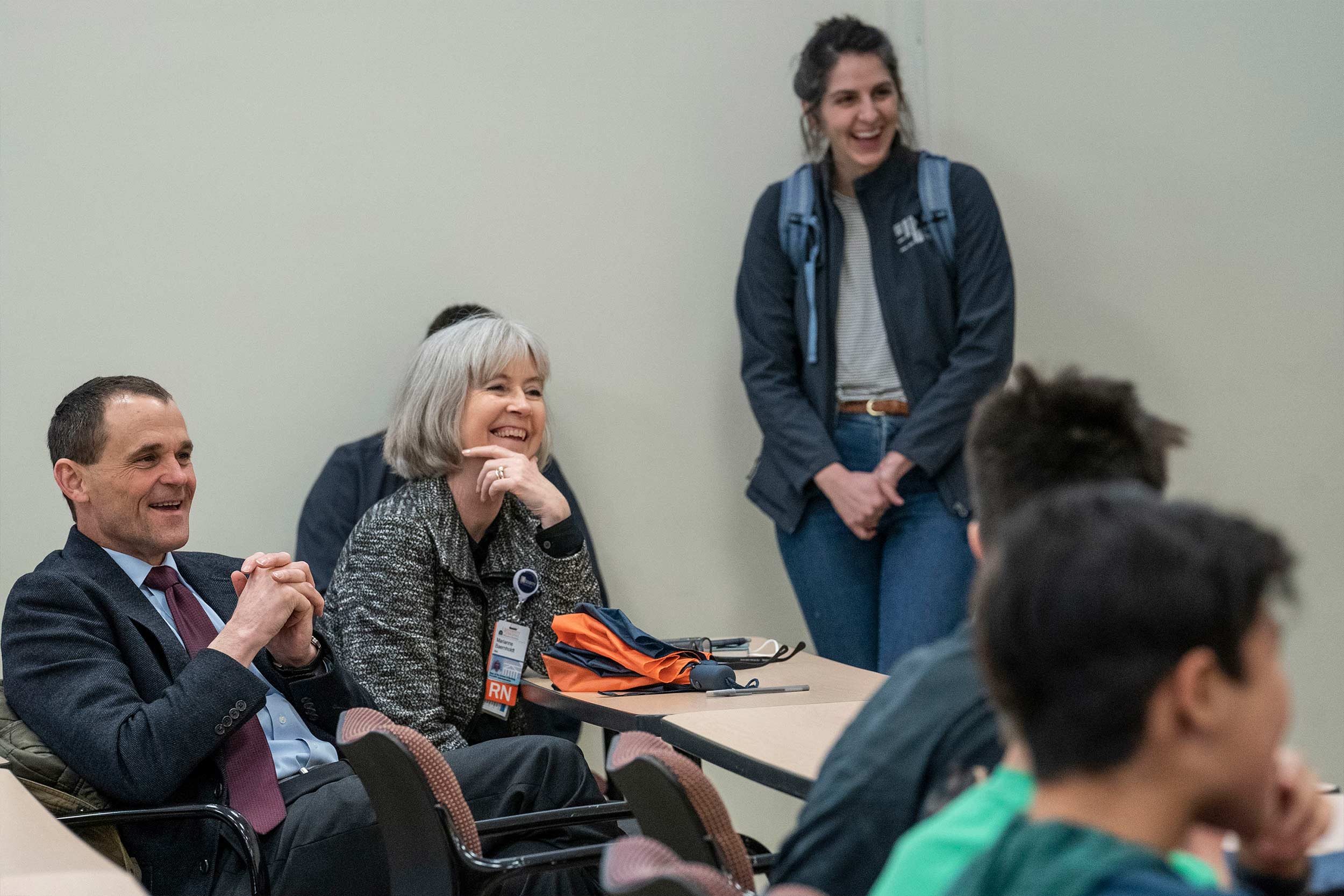 UVA President Jim Ryan and School of Nursing Dean Marianne Baernholdt particpating in the conversation with the nursing and middle school students