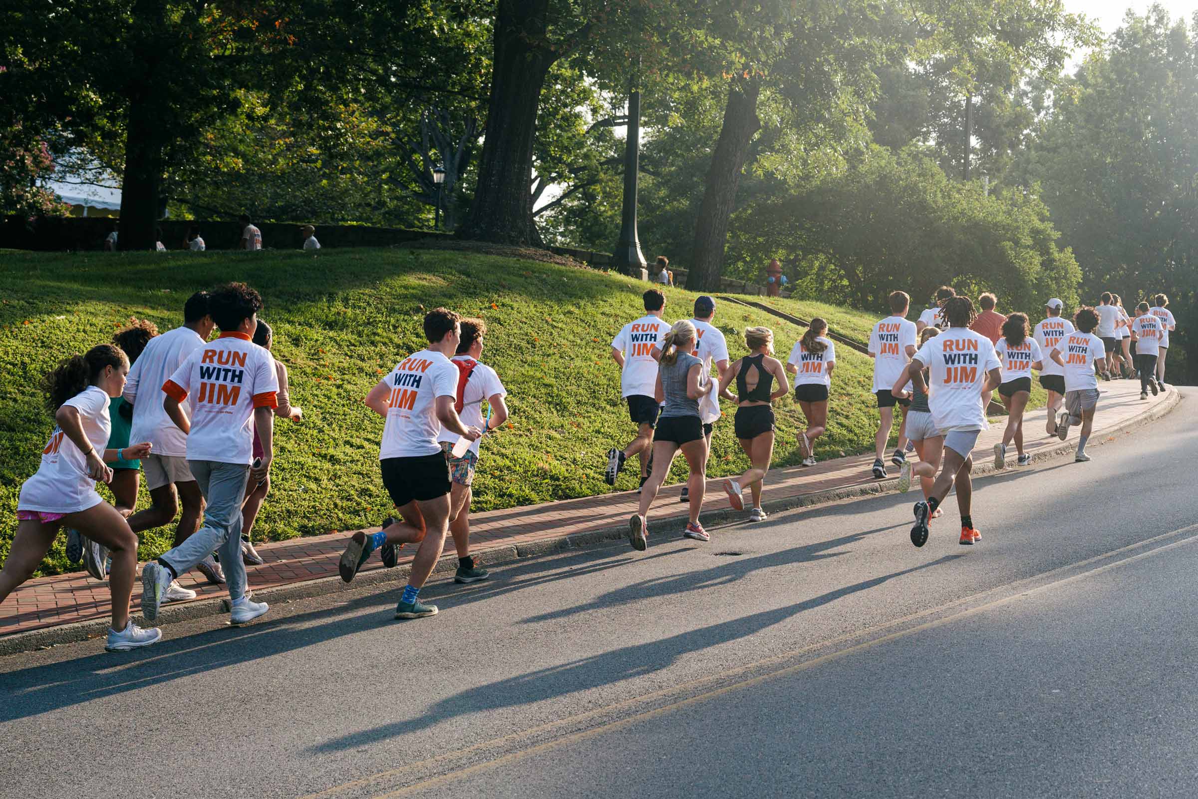 Garbed in their “Run With Jim” T-shirts, UVA’s first-year students ran a 2-mile route through Grounds from Observatory Hill Field to the Homer statue on the Lawn. 