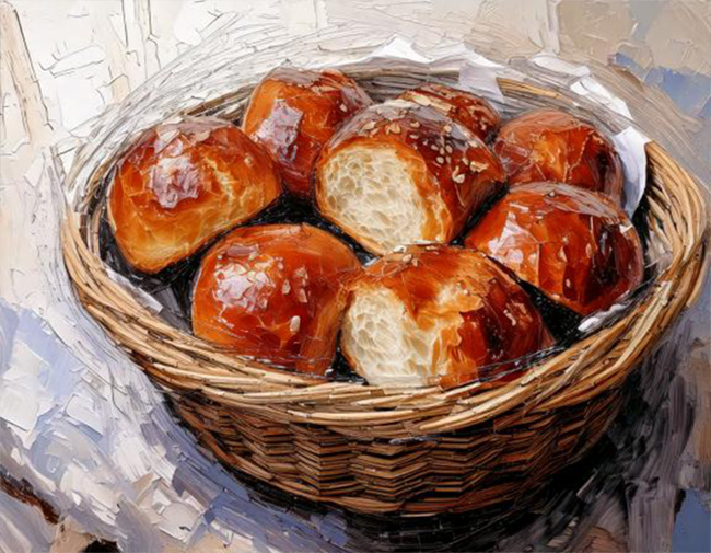 Digital illustration of a basket of dinner rolls