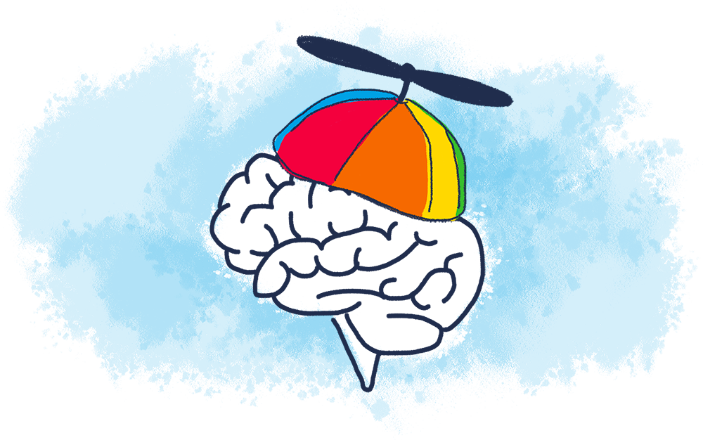 Illustration of a brain wearing a cap with a propeller on top.