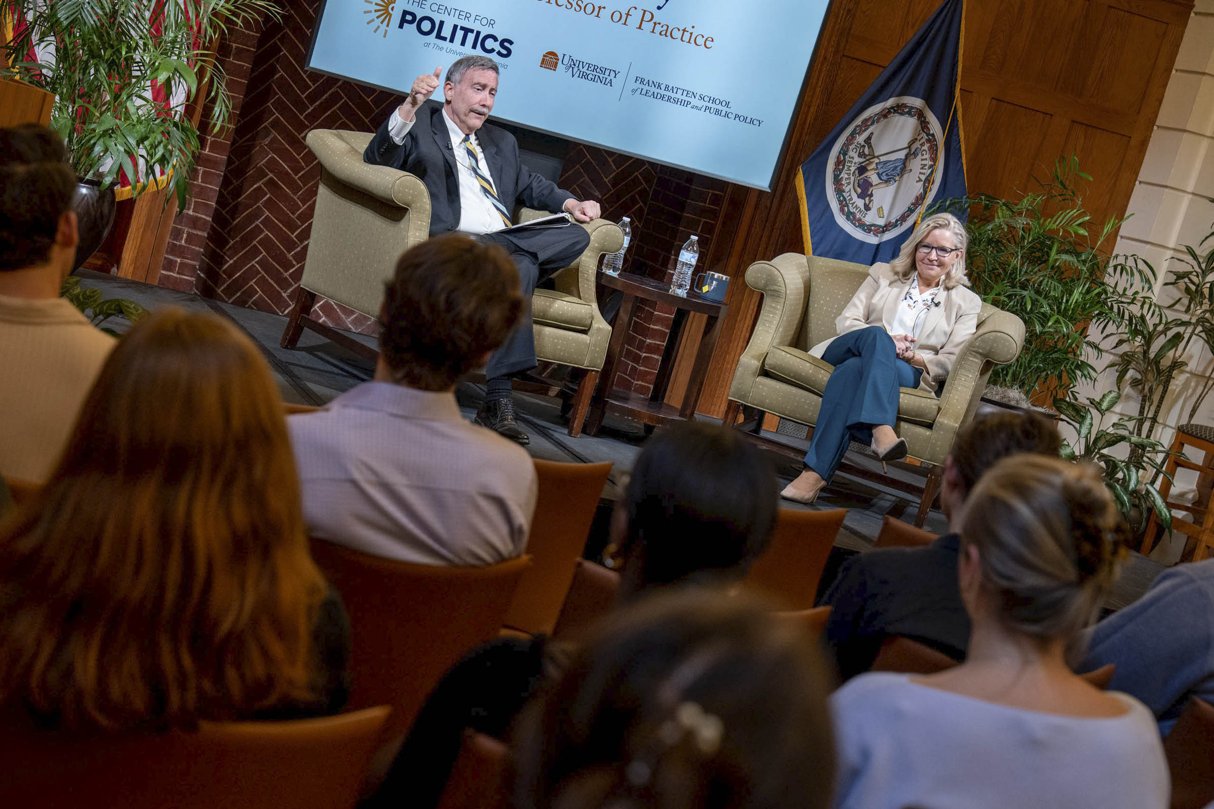 Liz Cheney with Larry Sabato talking to a class