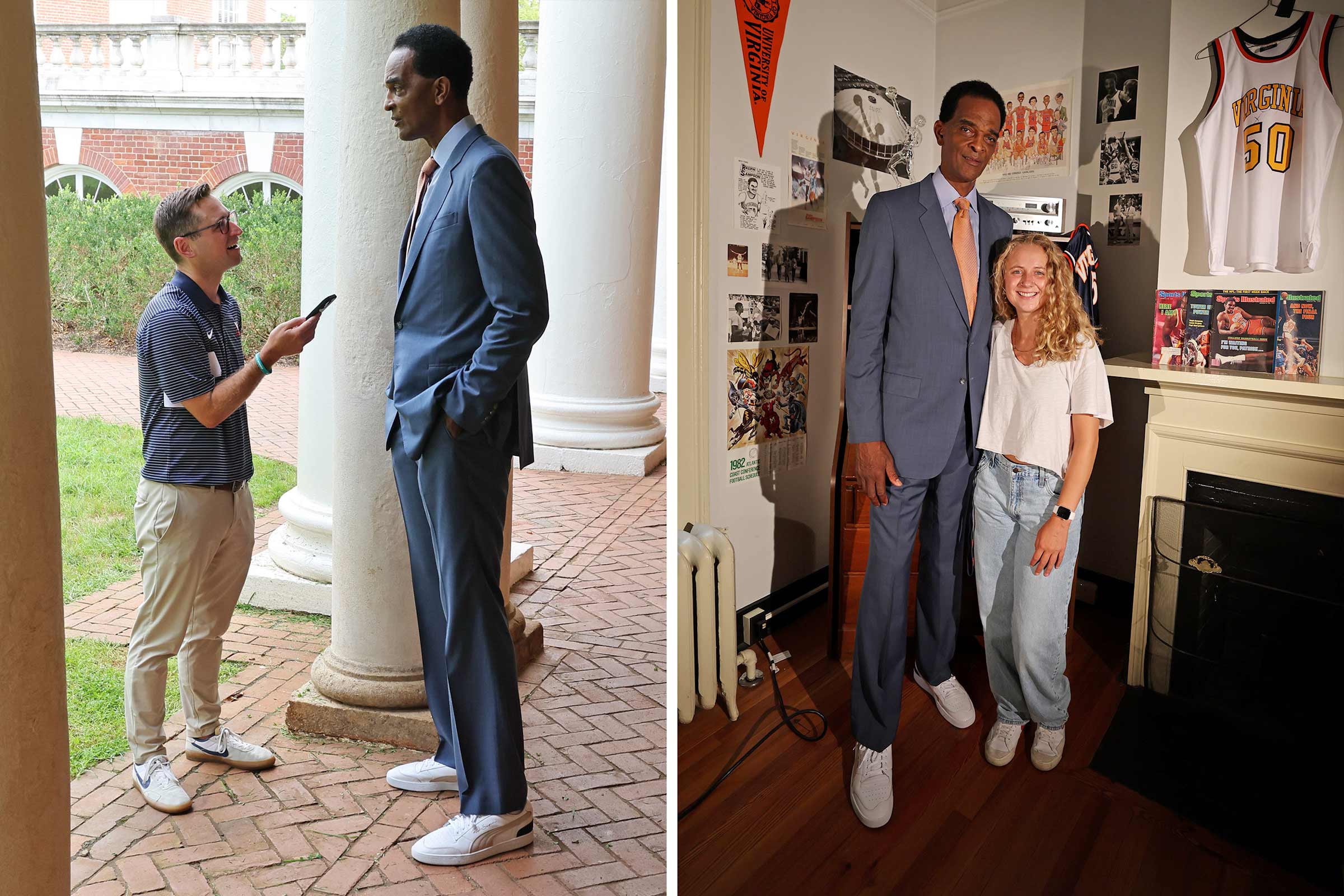 Writer, Andrew Ramspacher, records interview with Sampson on left. Emily Faith stands next to Ralph Sampson in his Lawn room