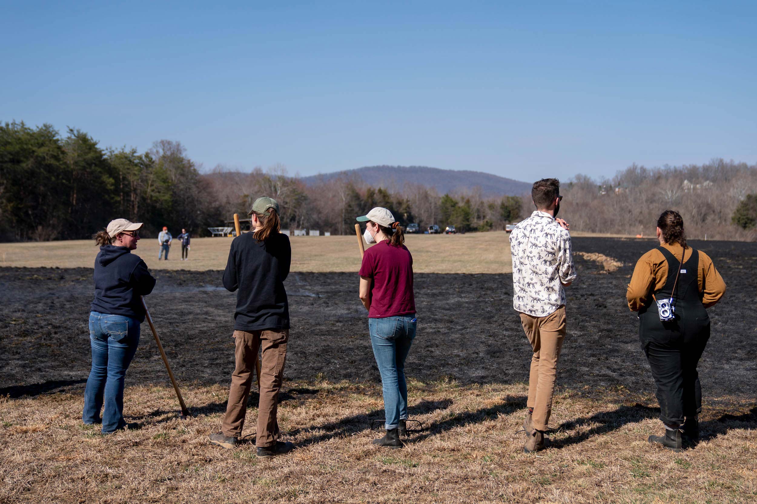 Five people look out over a swath of blackened ground