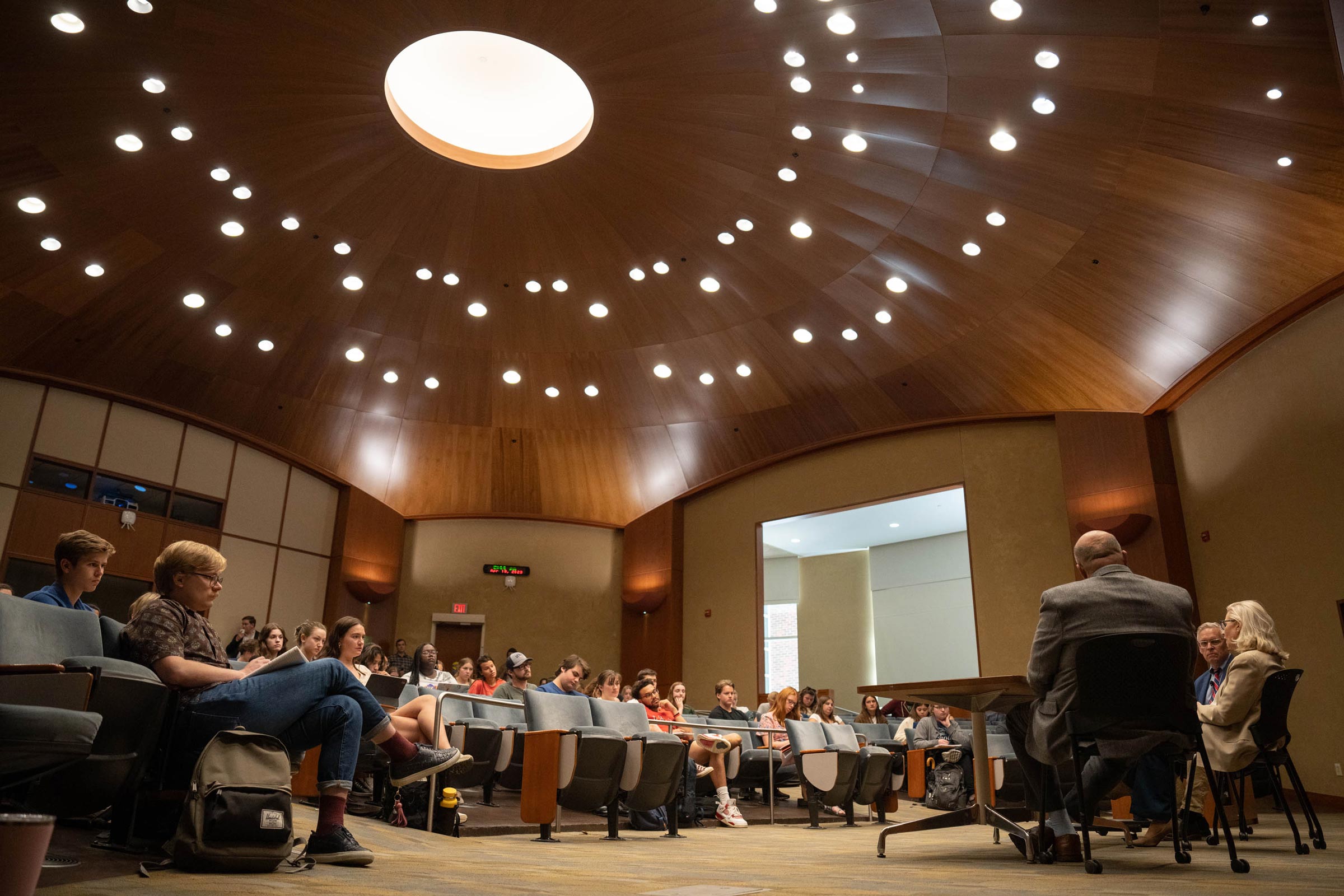 Liz Cheney, with William Hitchcock and Siva Vaidhyanathan leading a discussion in Nau Hall