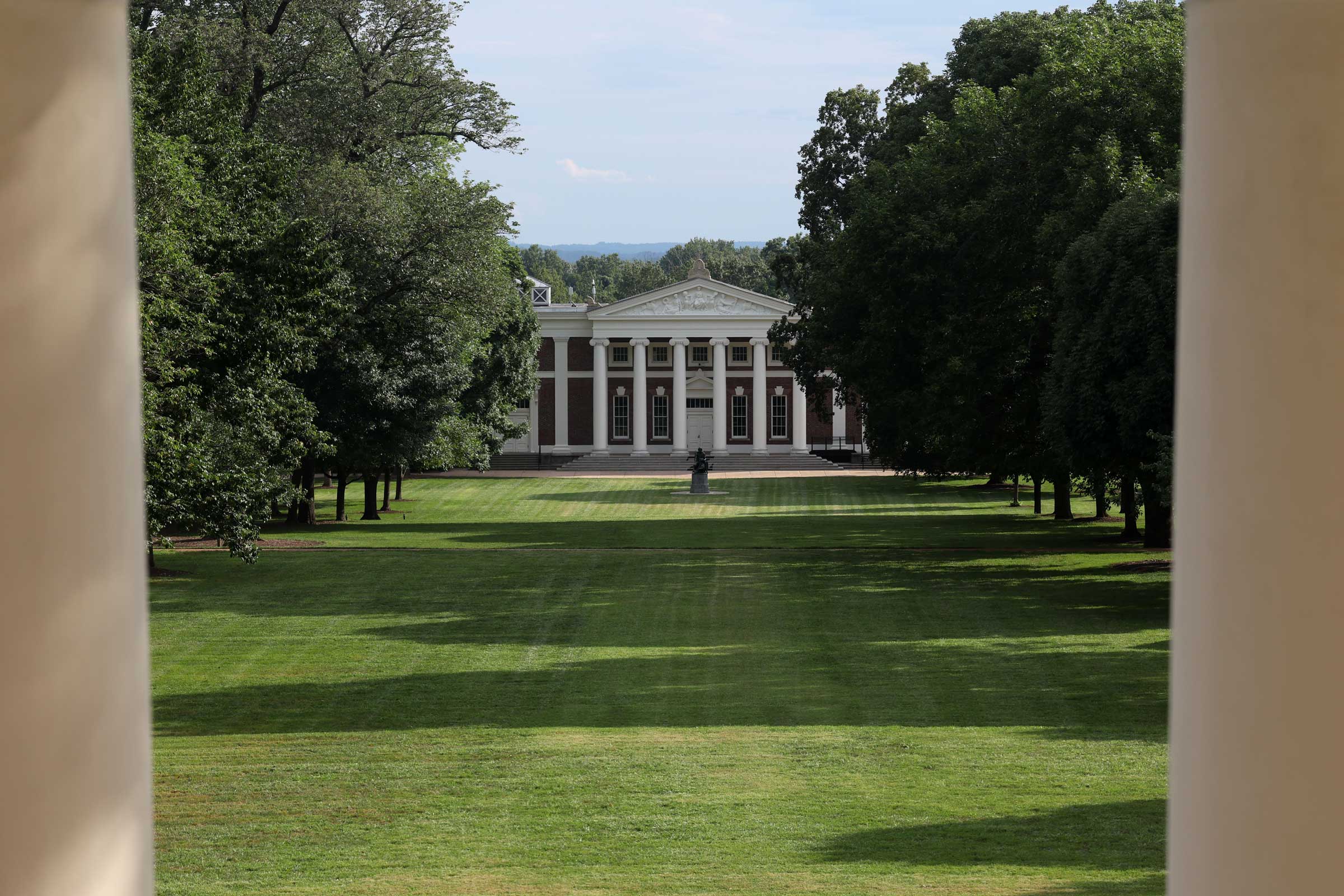 A view from the Rotunda of Lawn, the grass green and growing