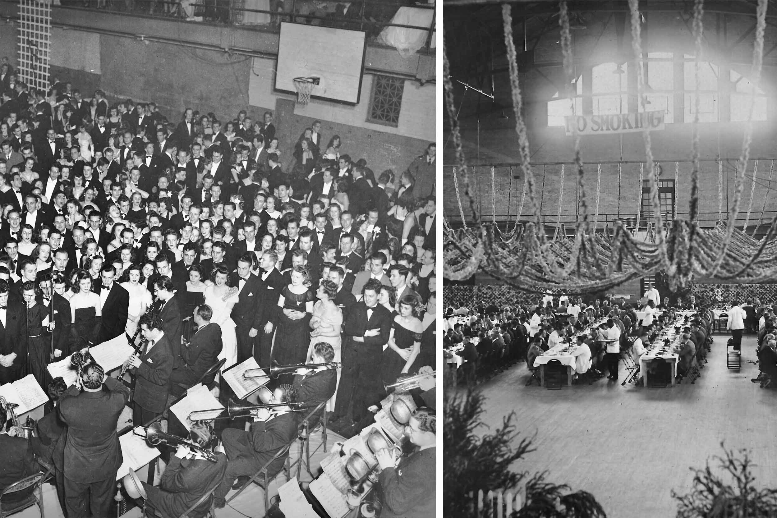 Left: orchestra playing left: people sitting at tables