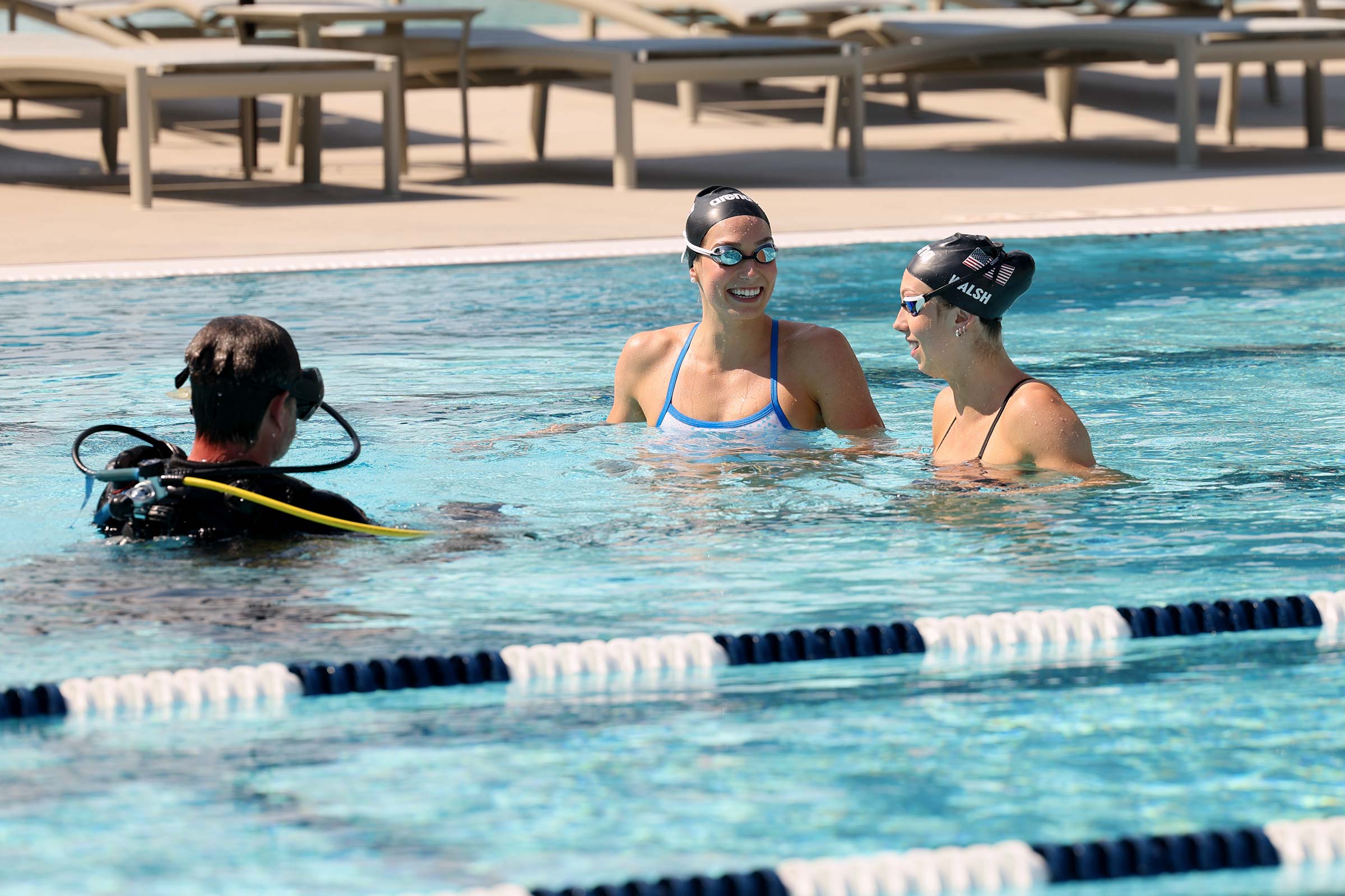 To capture footage of underwater shots, an NBC cameraman jumped in the pool in scuba gear. 