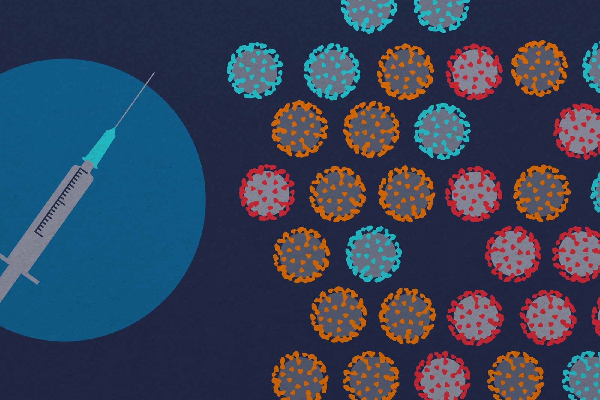 Illustration with a syringe and covid-19 viruses on the right