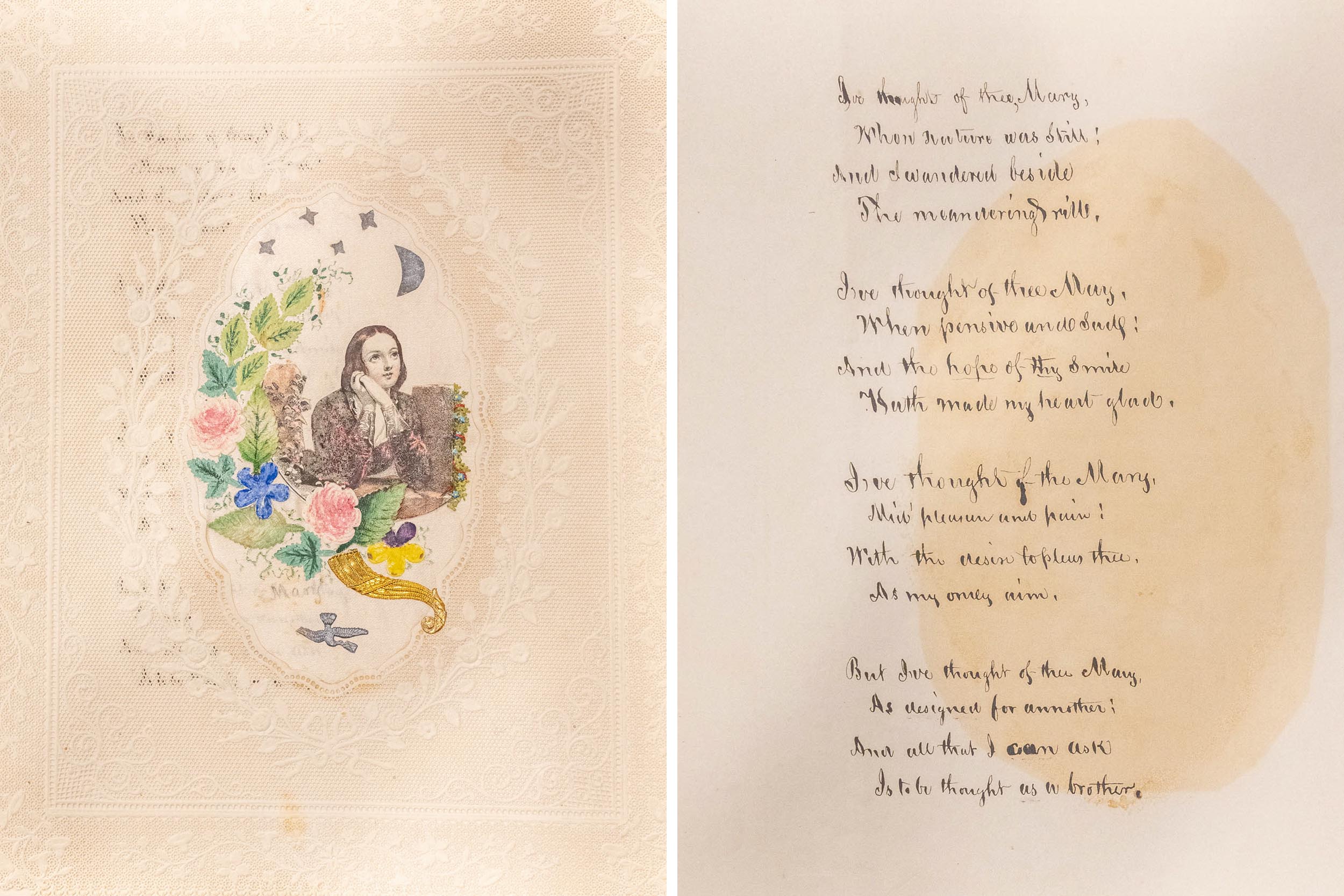 This 1844 valentine was sent to Mary Berdan by an unknown soldier. The card consists of two folded sheets with an assortment of stars, birds, flowers and lace work, as well as a hand-written poem inside.