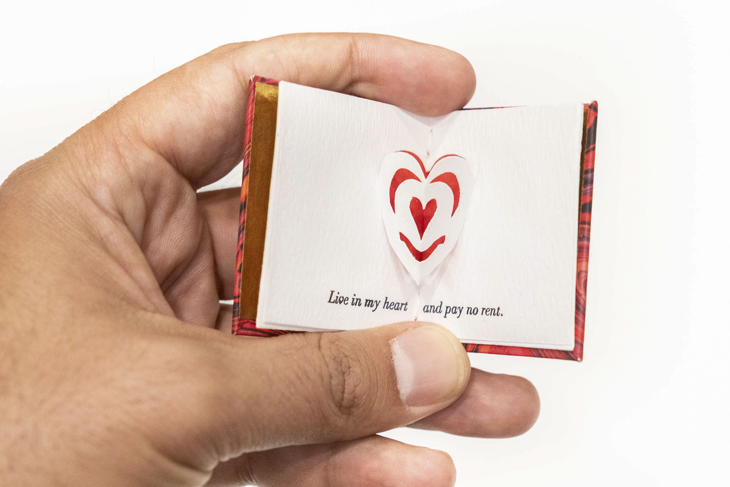 This miniature book, titled “A Valentine,” was made by Jeanne Goessling and is part of the library’s McGehee Miniature Book Collection