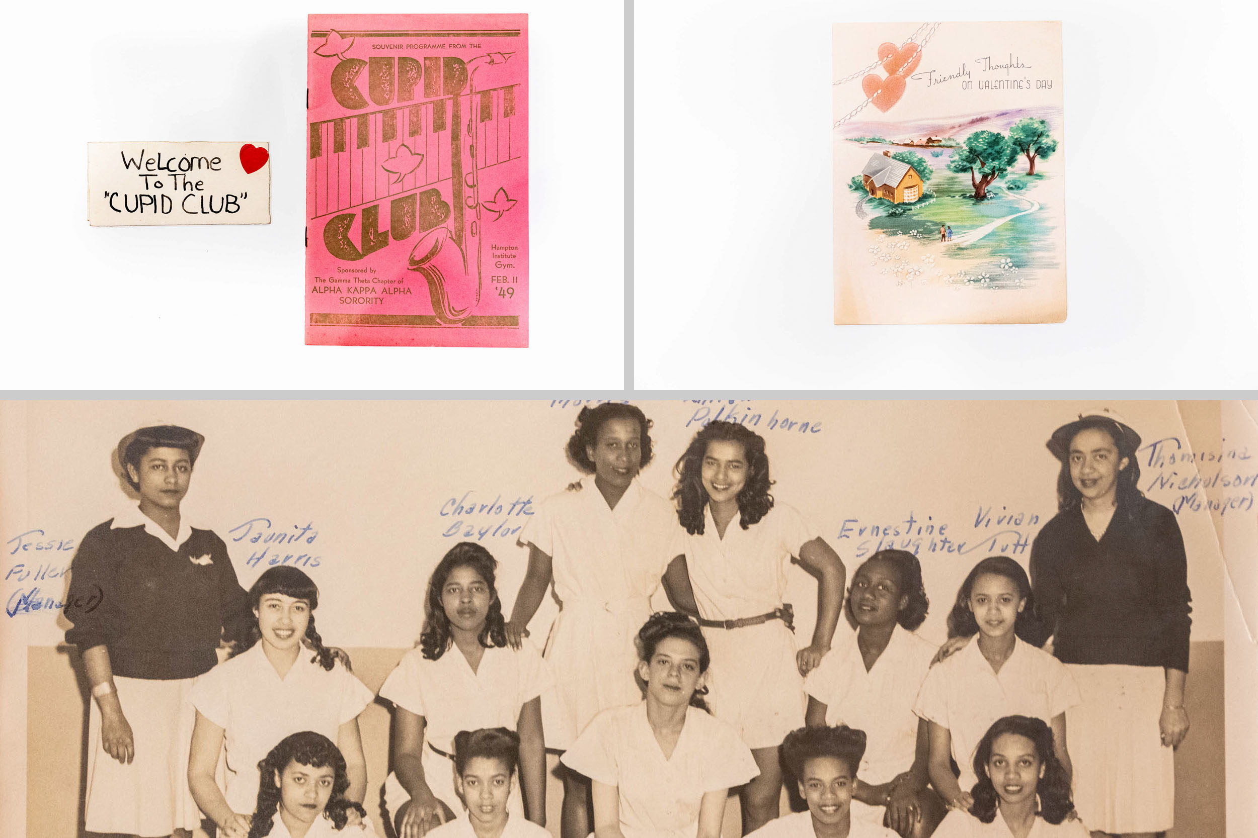 top left paper that reads welcome to the cupid club with a heart and a small book, the top right is a painted card and below both is a group photo of women from the cupid club