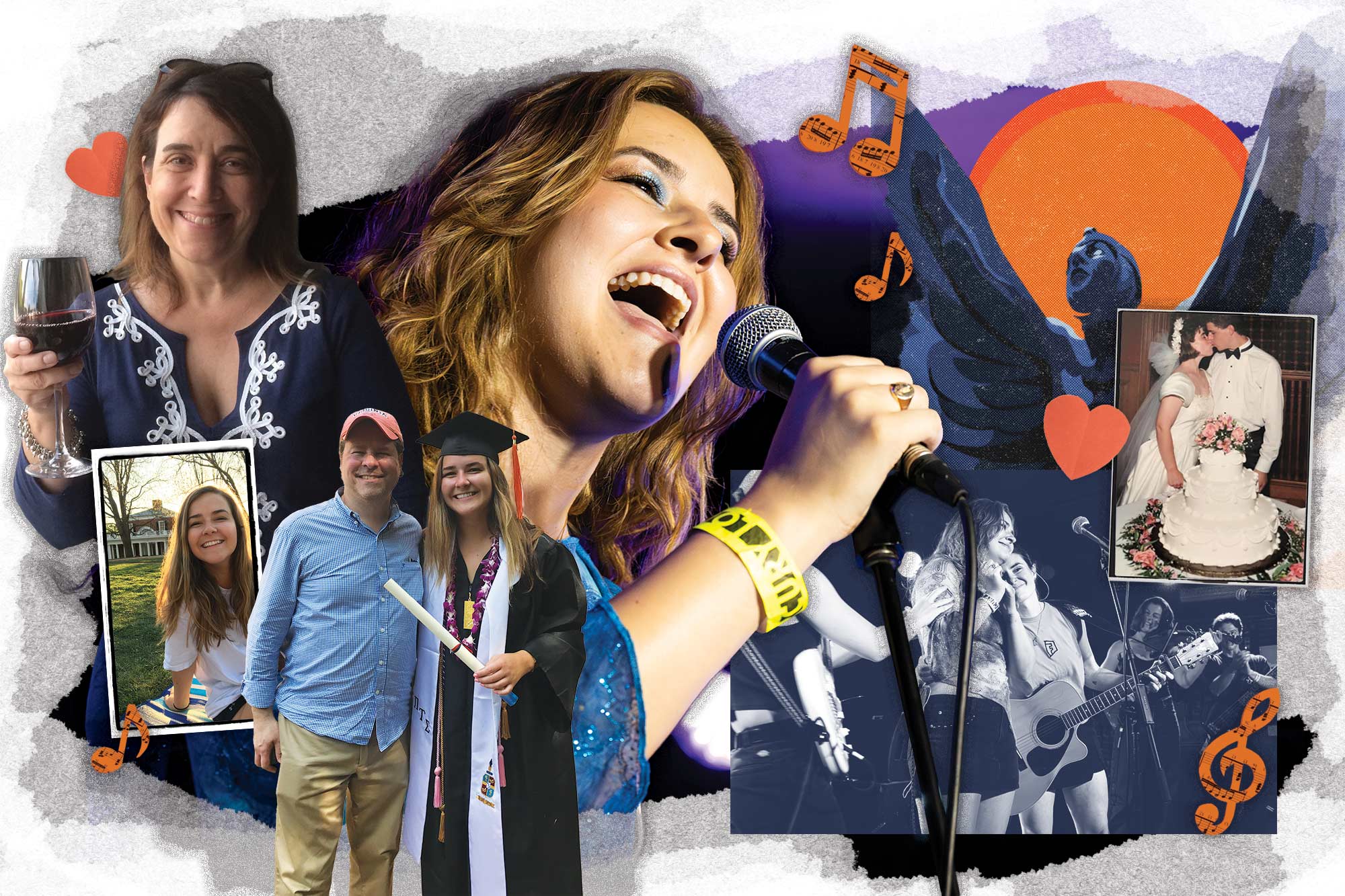 Collage of photos of Sarah Bonde singing and with her parents during her time at UVA
