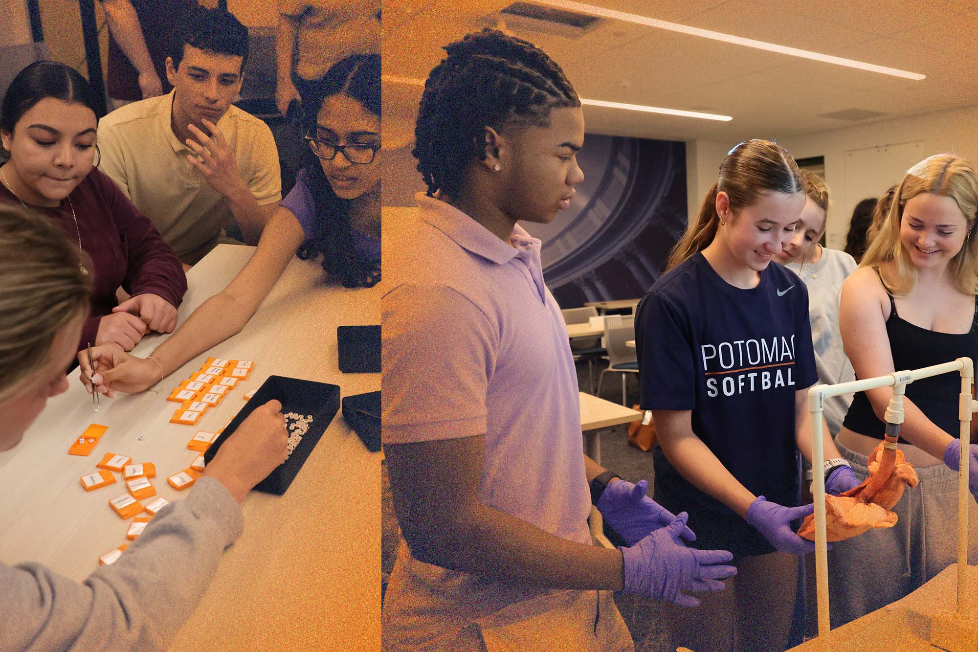 2 photo collage of students learning from professionals.