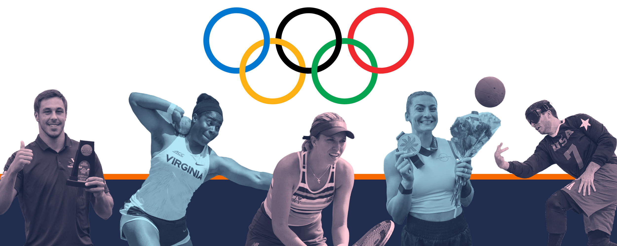 Collage of five Olympic athletes from UVA overlapping the Olympic Rings