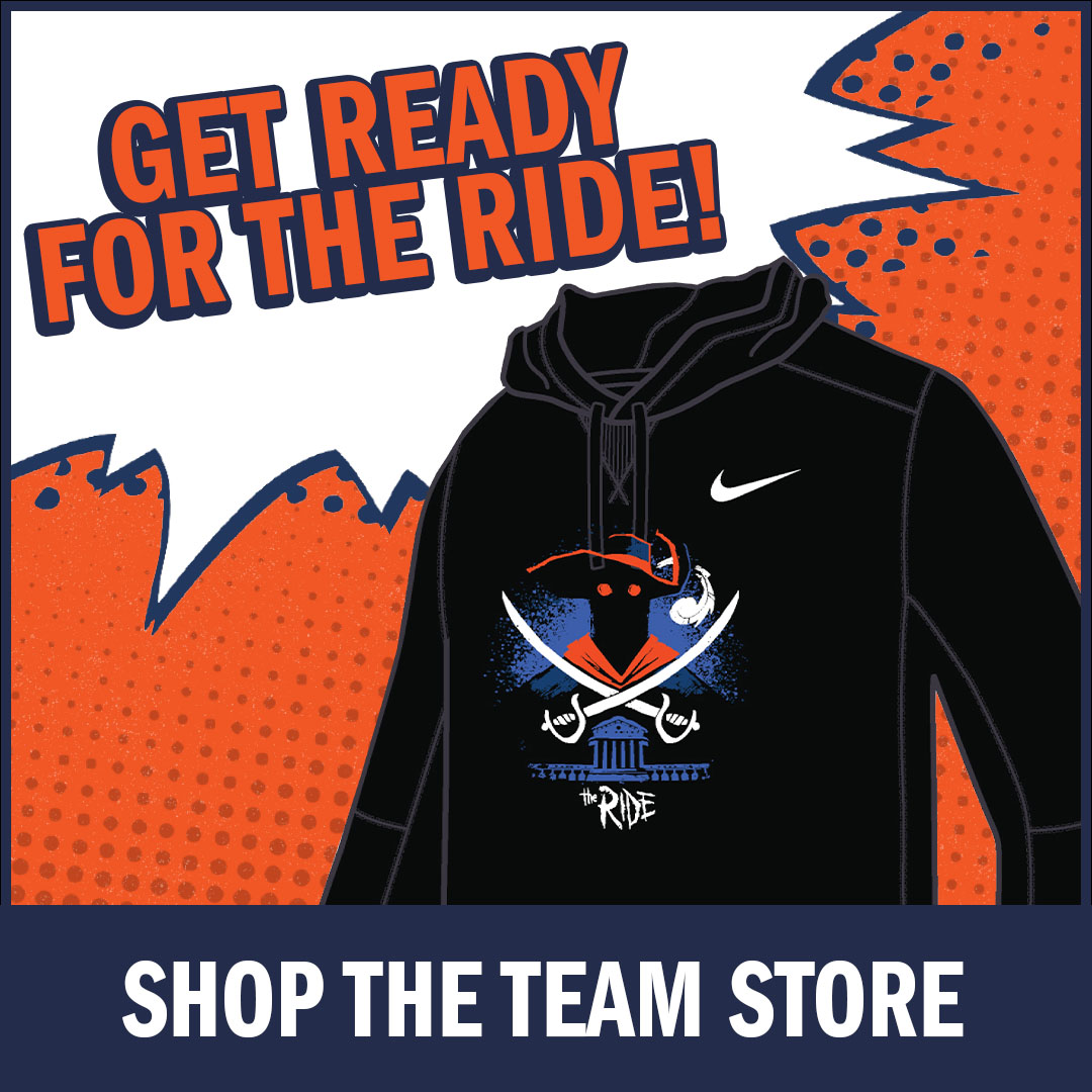 Portrait illustration of an ad reading, 'Get ready for the ride — shop the UVA Bookstore.'