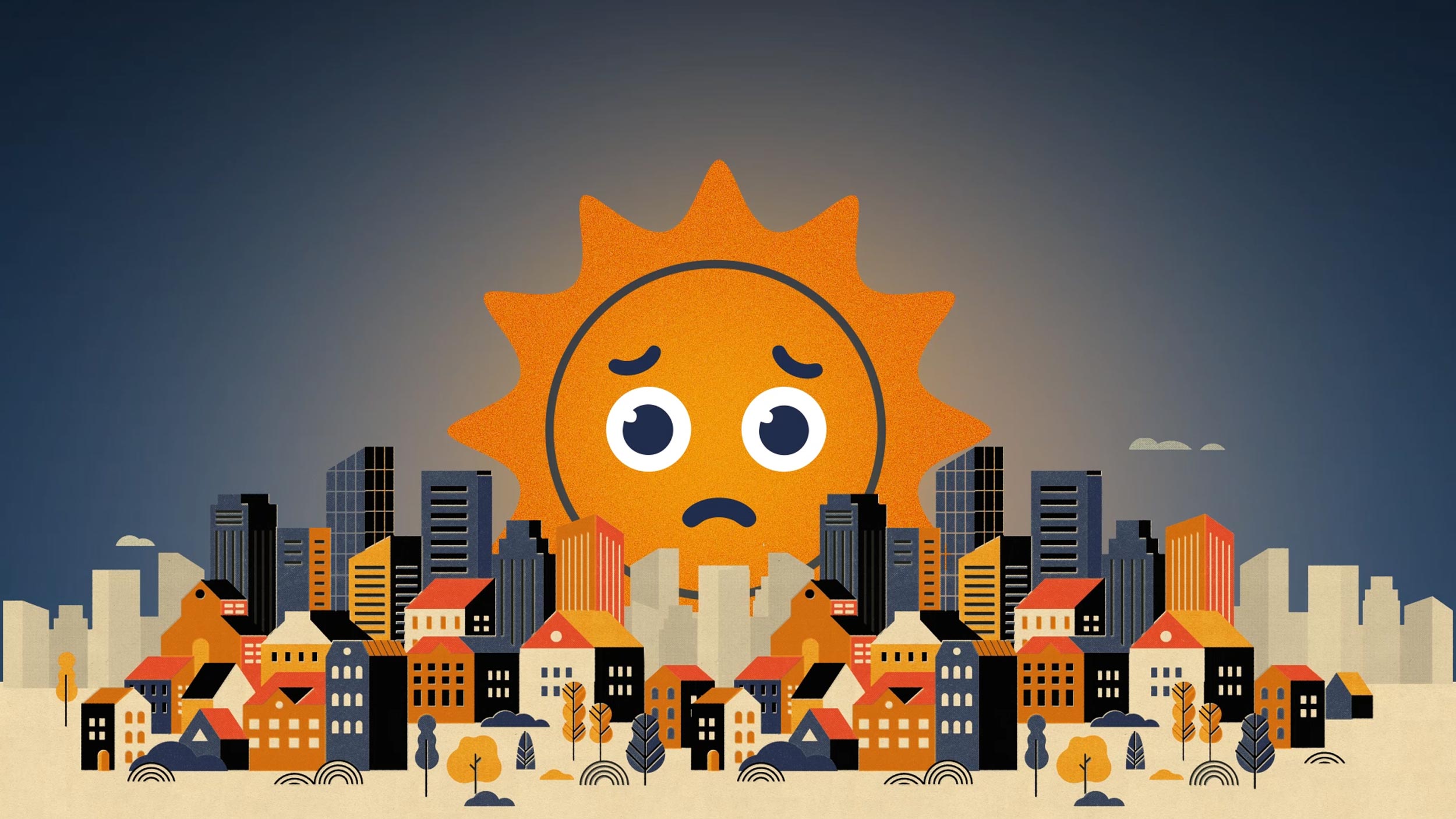 illustration of a personified sun looking worried rising over a city skyline