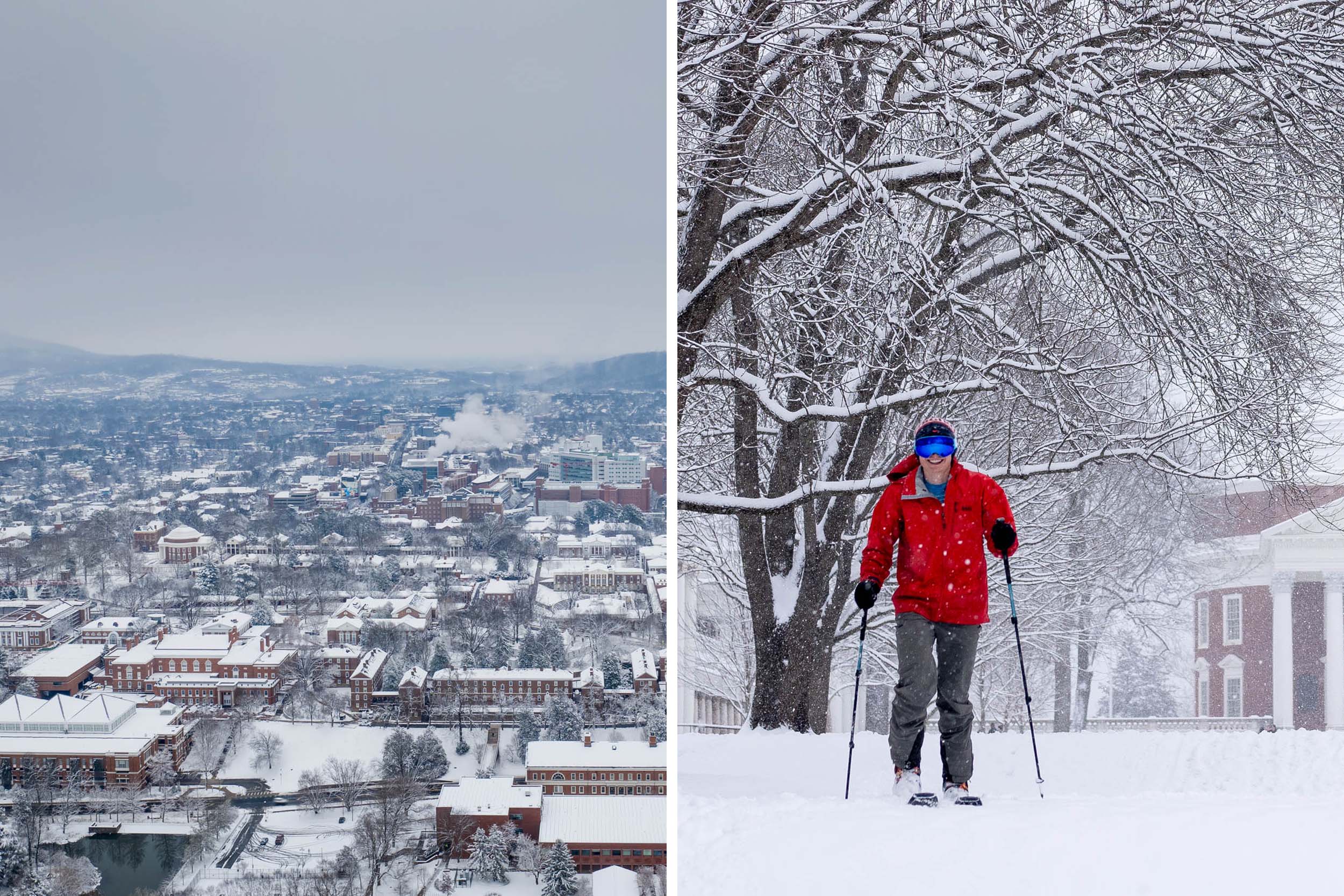 left: arial view of UVA, right: man skiing on grounds