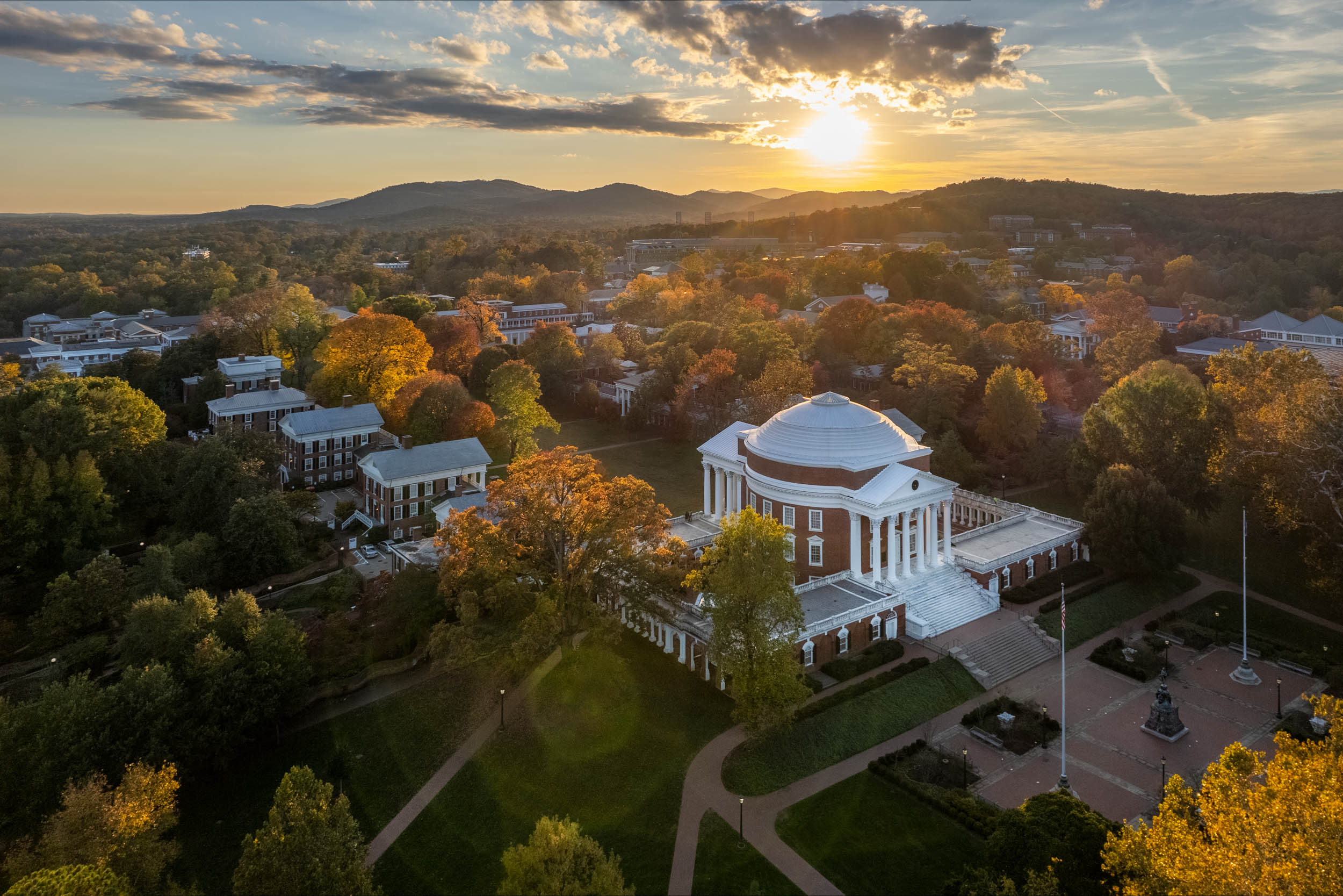 arial view of the rotunda in the fall as the sun is setting