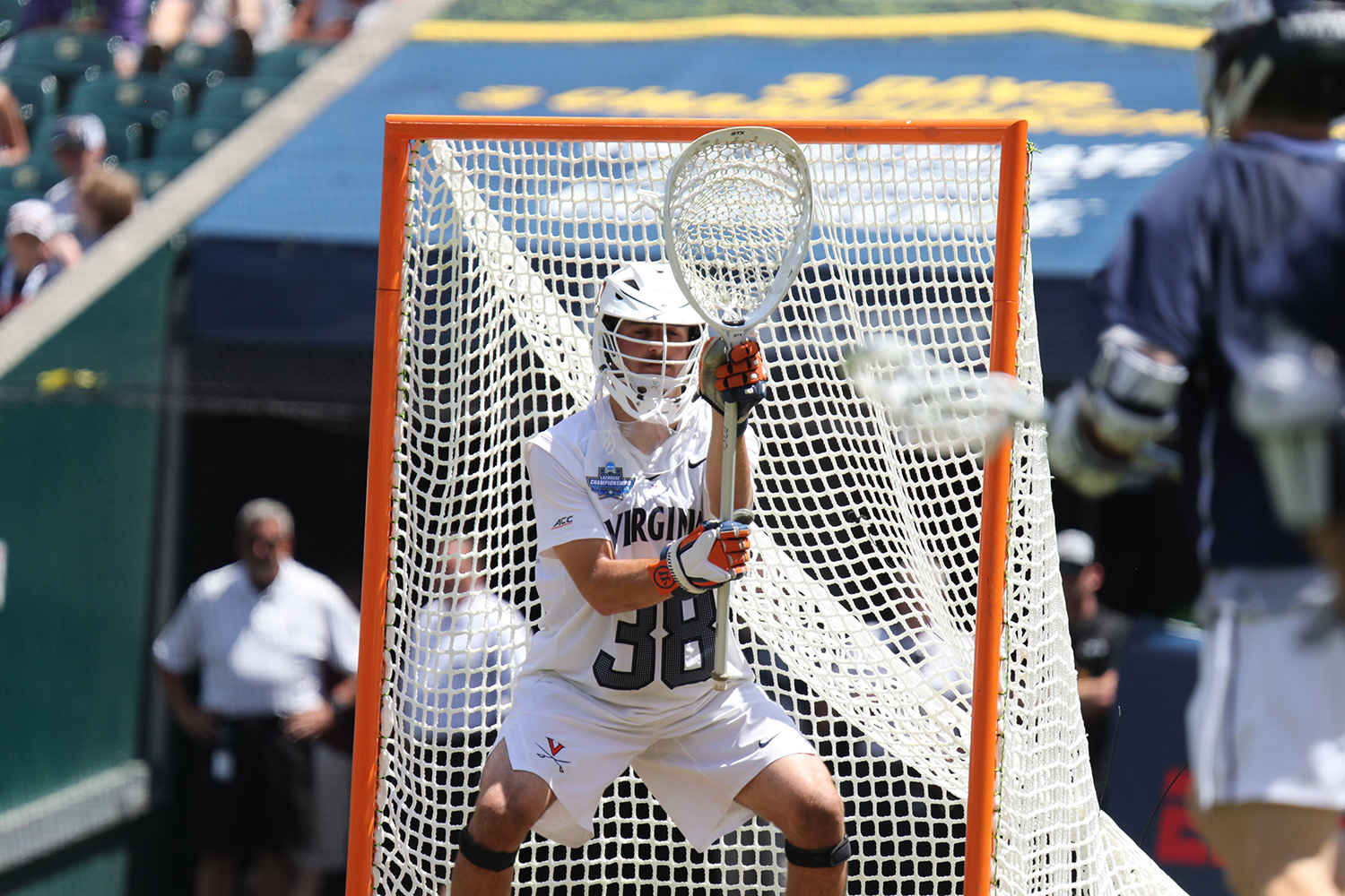 Alex Rode prepares to block an opponent from scoring