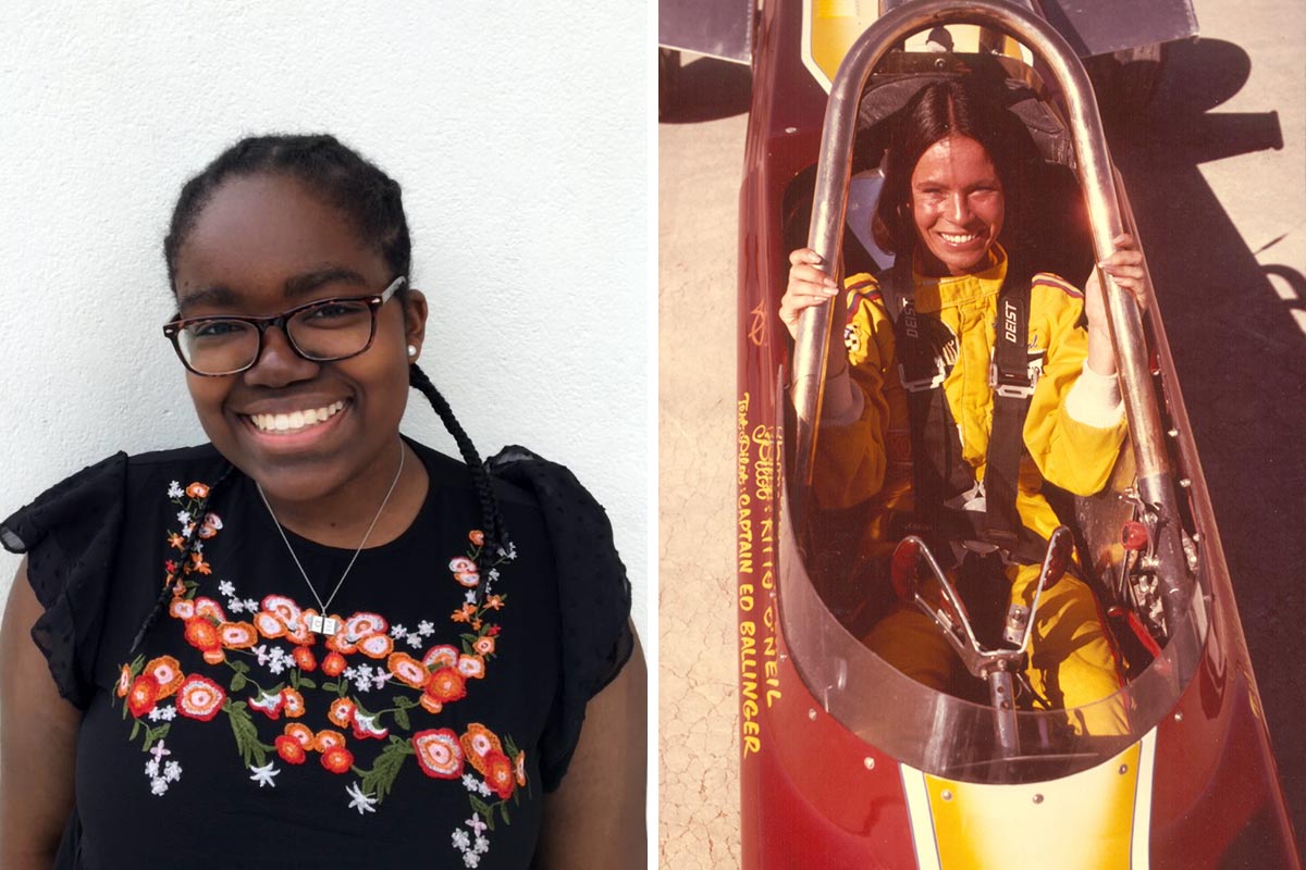 Headshot of Alexi White, left, and  right, Kitty O'Neil in a race car