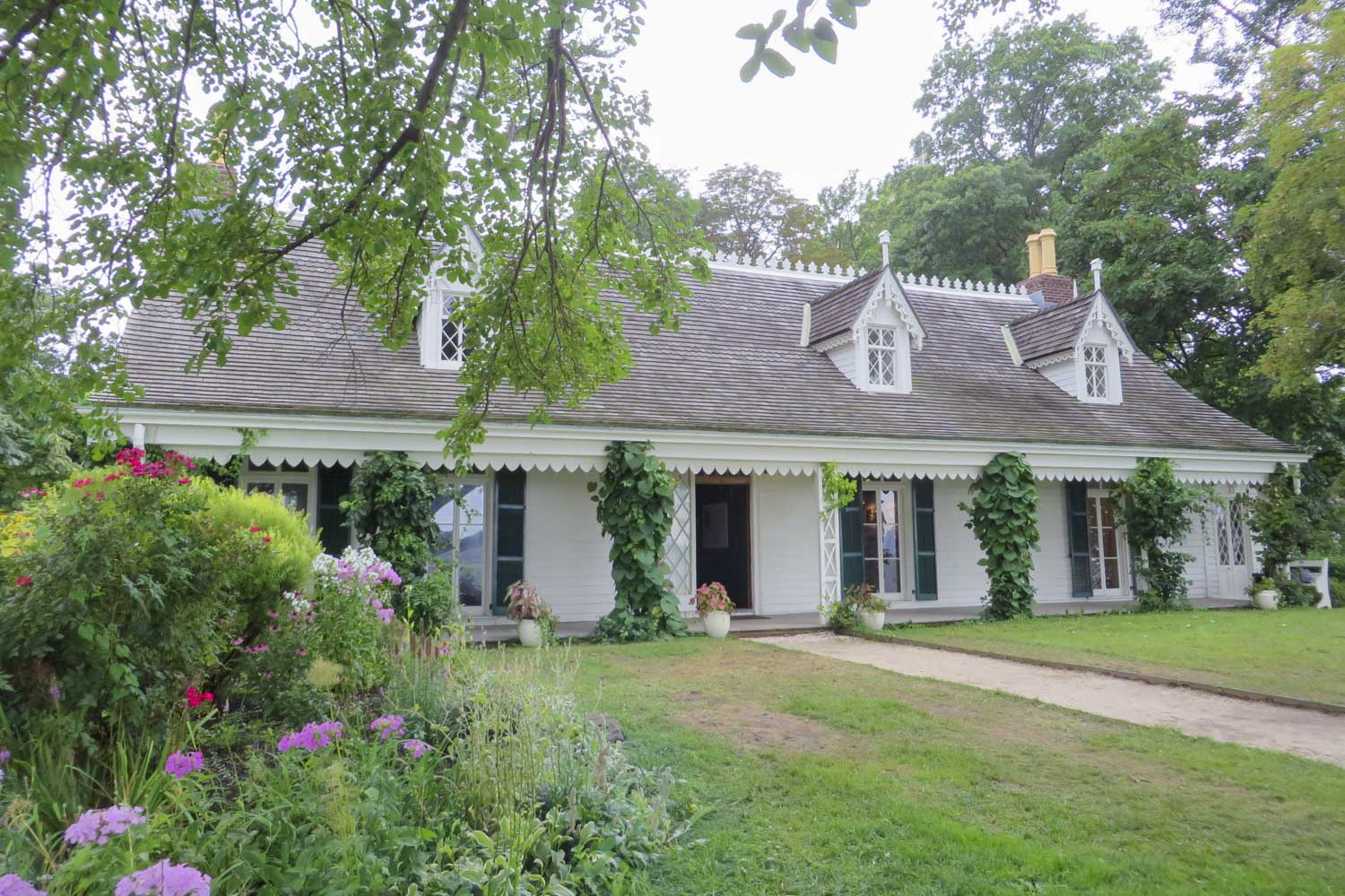 House that is white with ivy growing on the columns