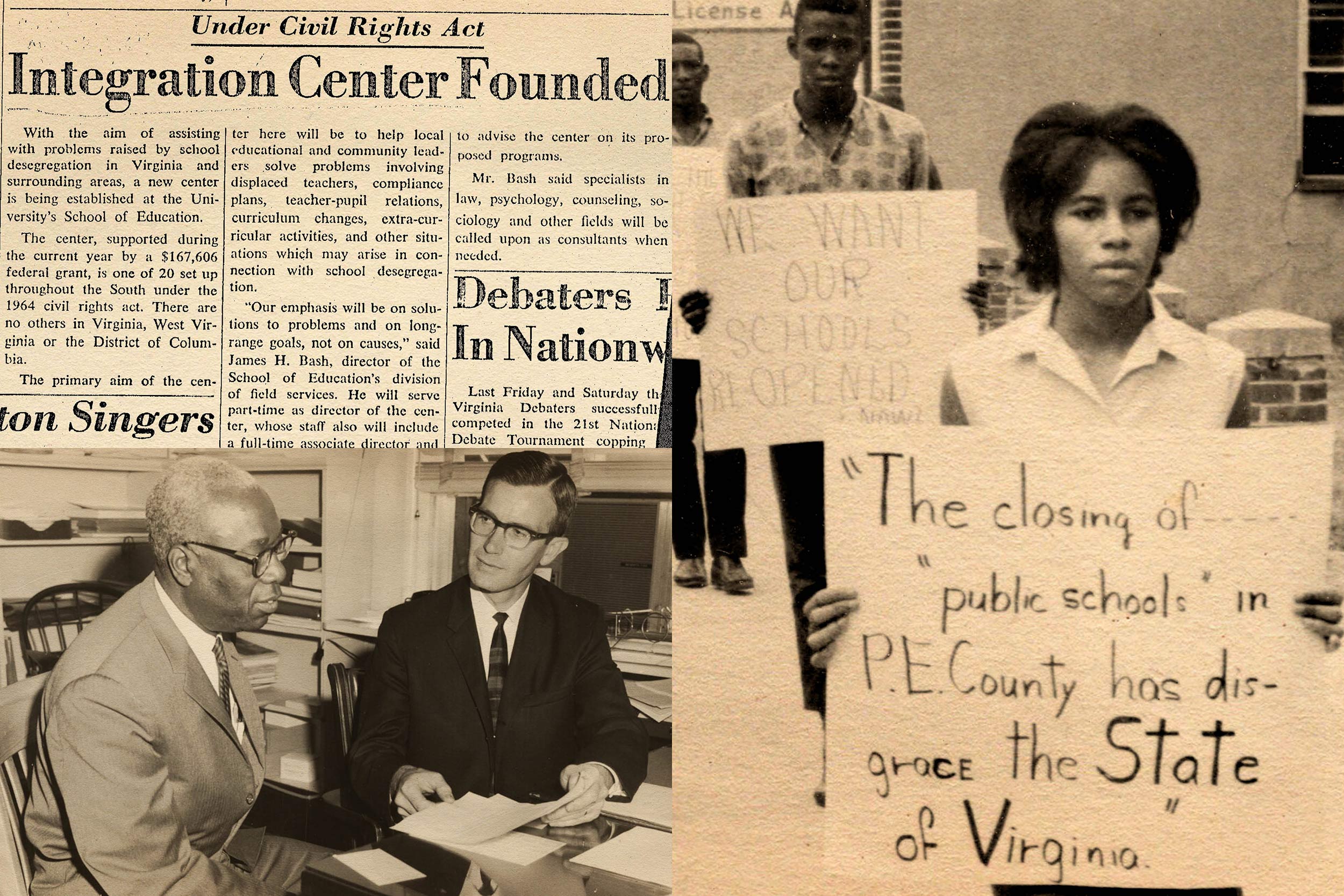 Top Left: News clipping with the headline integration center founded, bottom left: two men sitting at a desk looking at a handwritten letter, right: Men and women protesting carrying signs that say The closing of public schools in p.e. country has disgraced the state of Virginia and we want our schools reopened