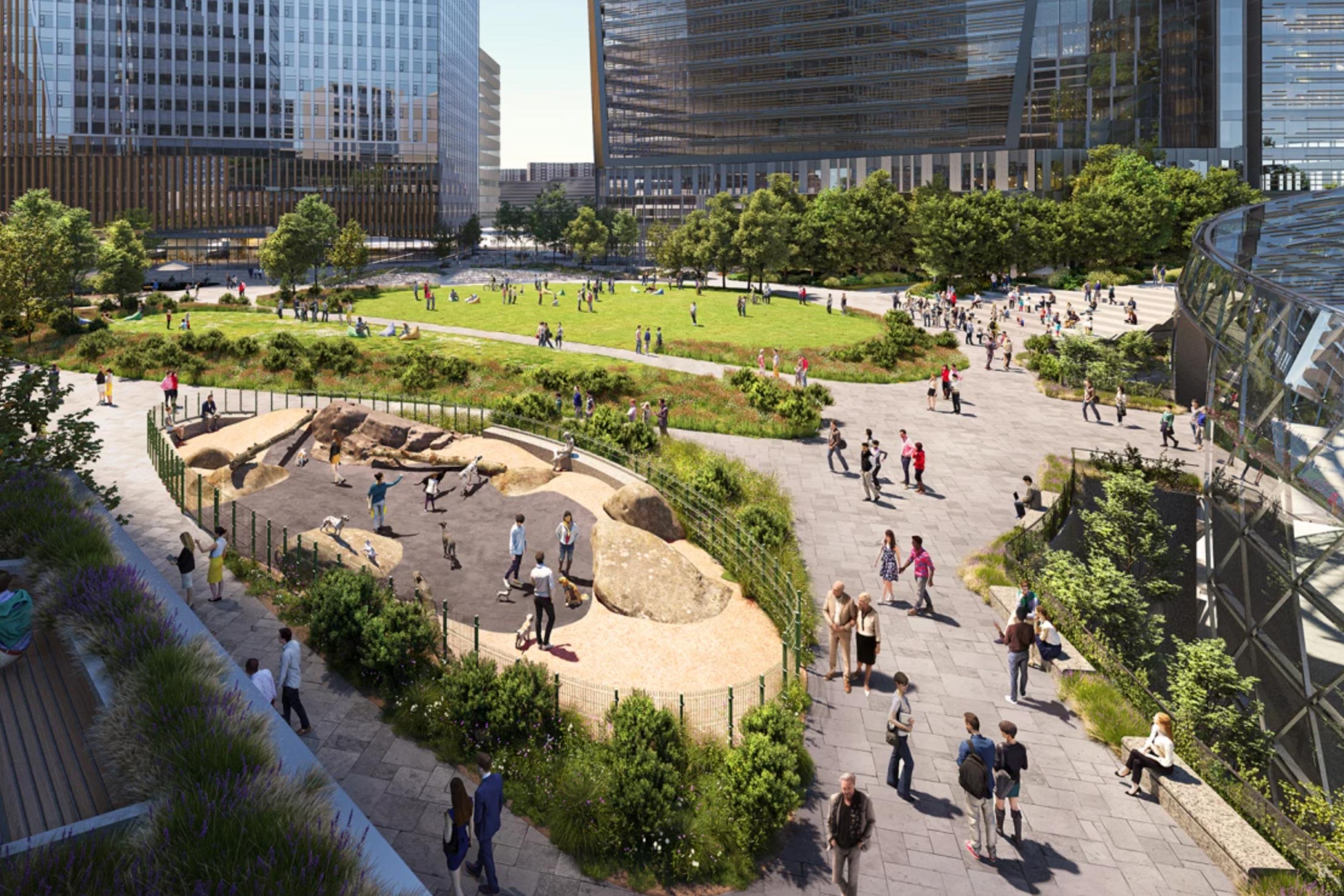 The plans also call for 2.5 acres of green space open to the public and neighborhood features like a dog run and an amphitheater. (Image: NBBJ, Amazon)