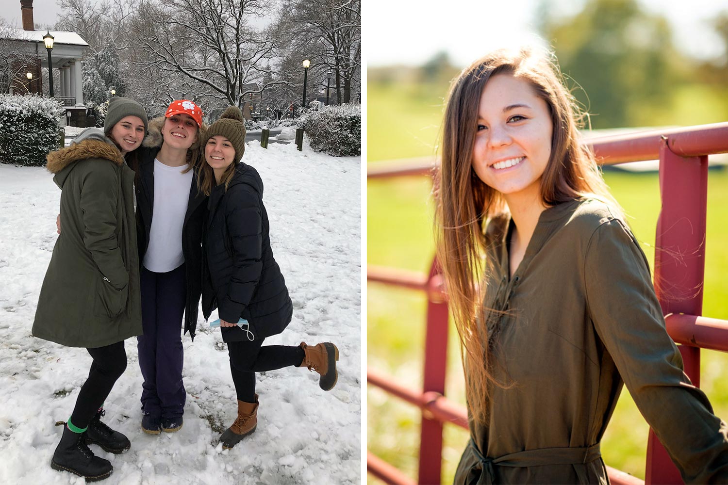 Left: Millie Gidley Rice  with two friends in the snow. Right: Millie Gidley Rice  headshot