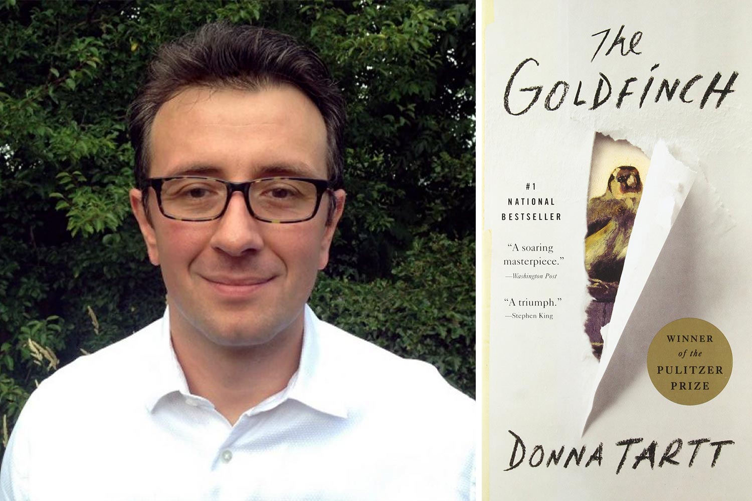 Left: Andrej Petrovic headshot Right: book cover that reads The goldfinch Donna Tartt
