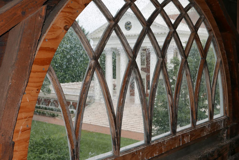 Old arched window in pavilion looking to the Rotunda next door