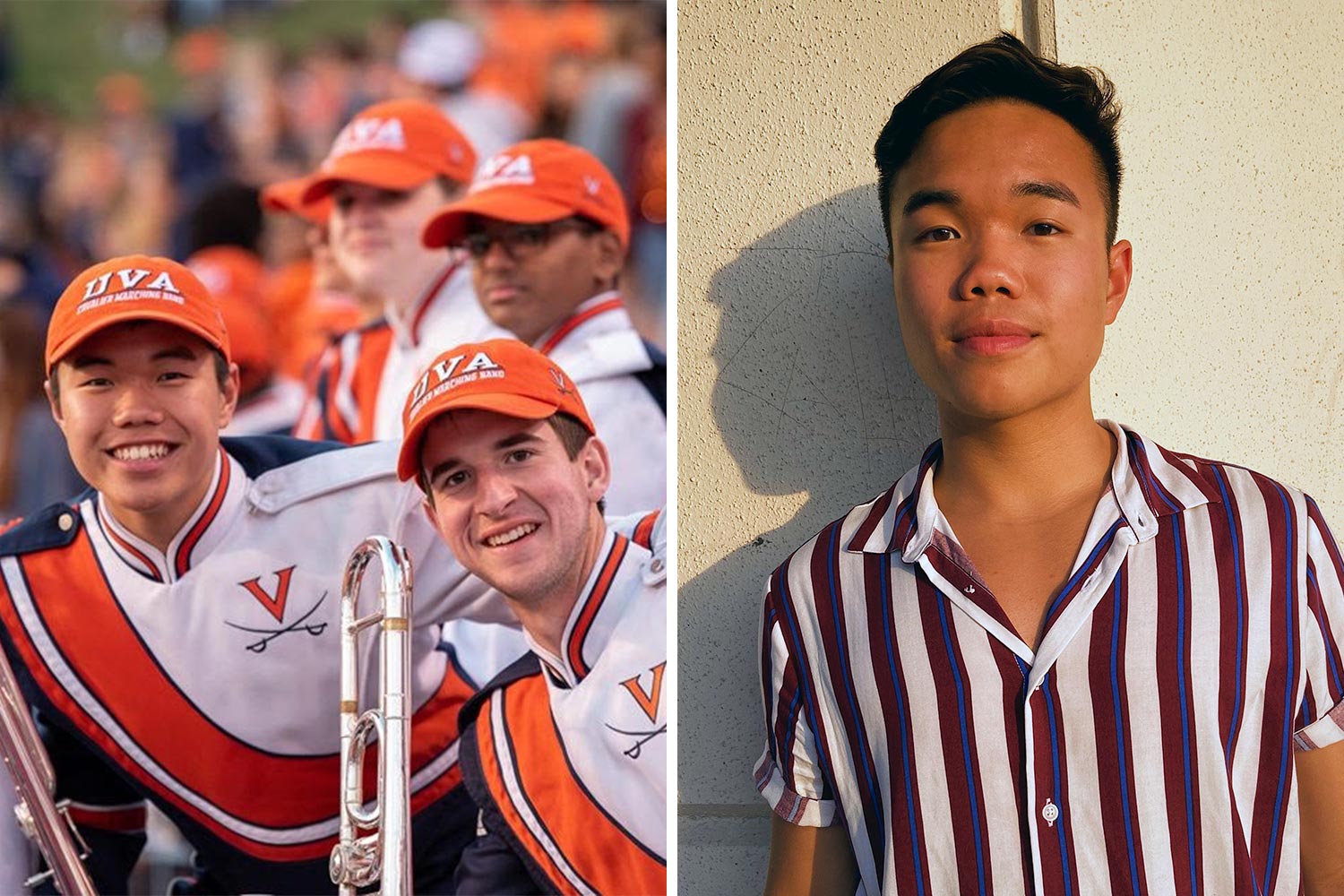 Left: Andy Nguyen in the Cavalier Marching band Right: Andy Nguyen headshot