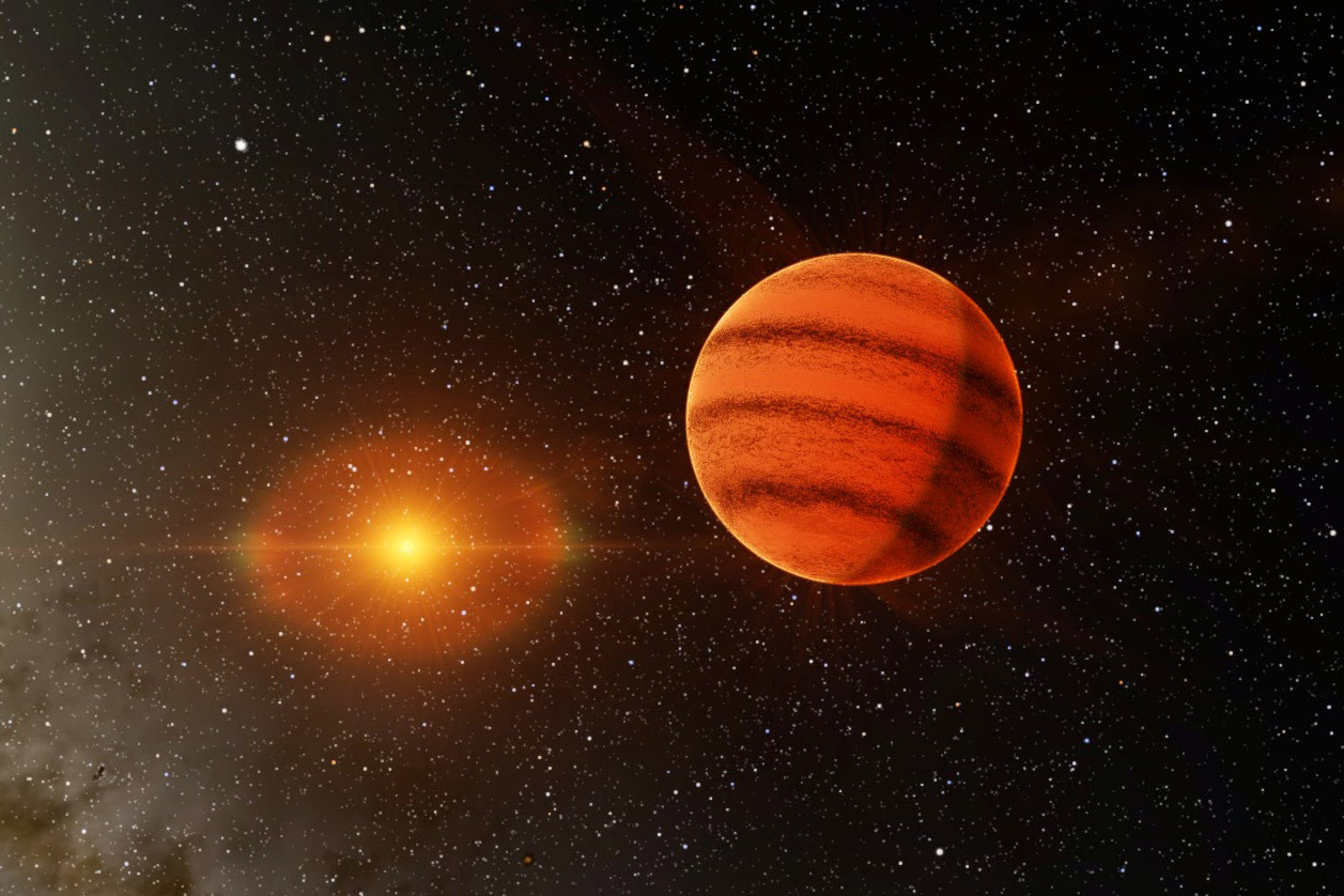 An artist&#039;s impression of a brown dwarf orbiting a star cooler than the sun