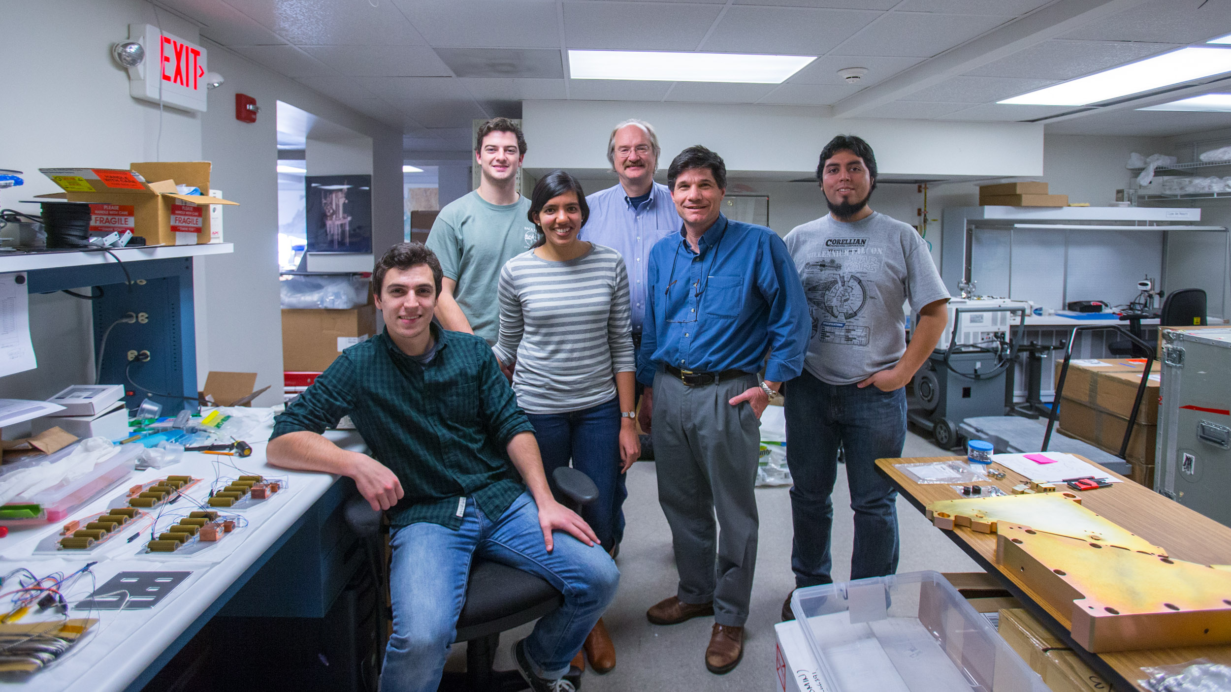 From left to right: Matthew Hall, Brady Anthony-Brumfield, Mita Tembe, Steven Majewski, John Wilson and Juan Pablo Colque Saavedra, only some of the team working at UVA to build the APOGEE instrument.