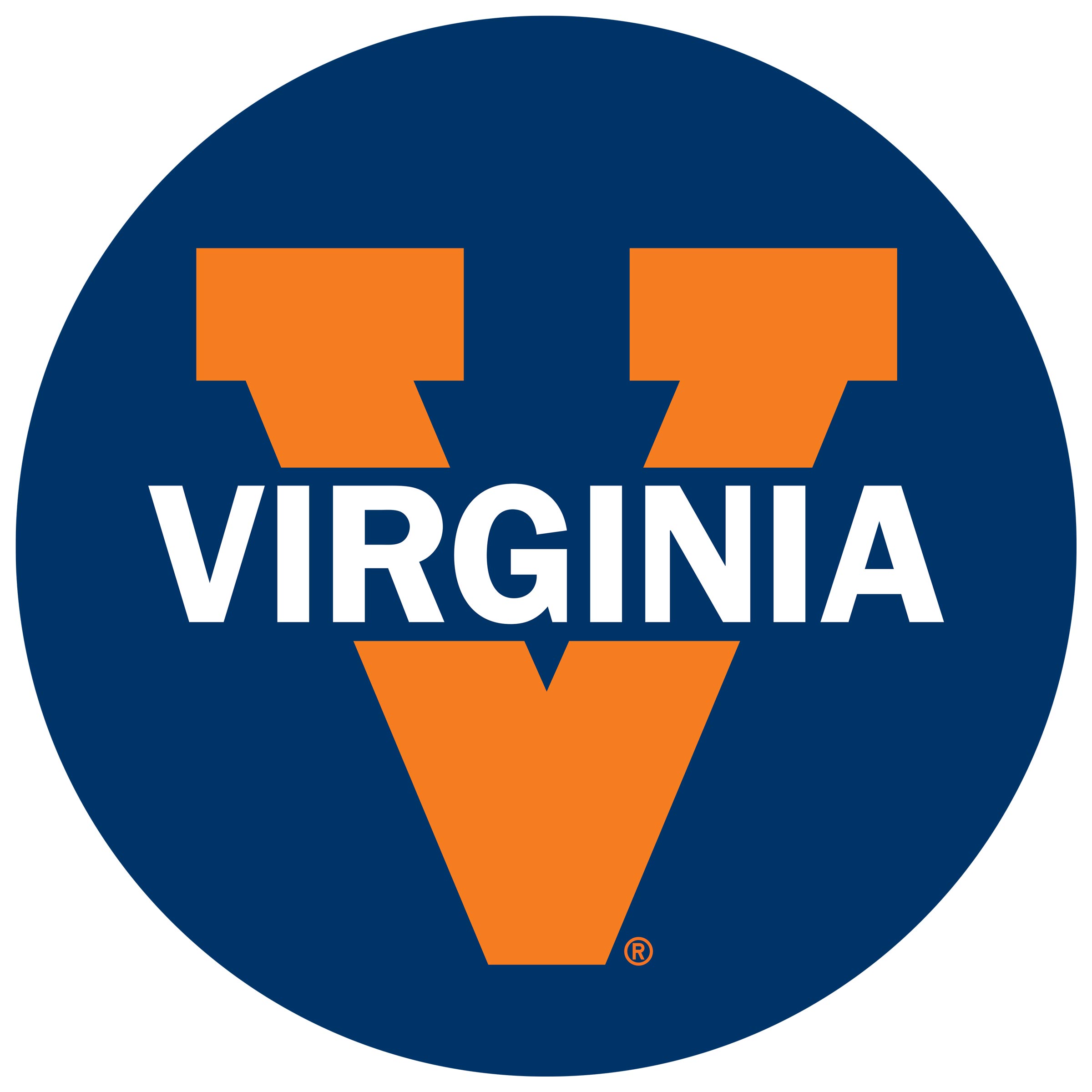 Blue circle with an orange Virginia V with Virginia written in white across the V