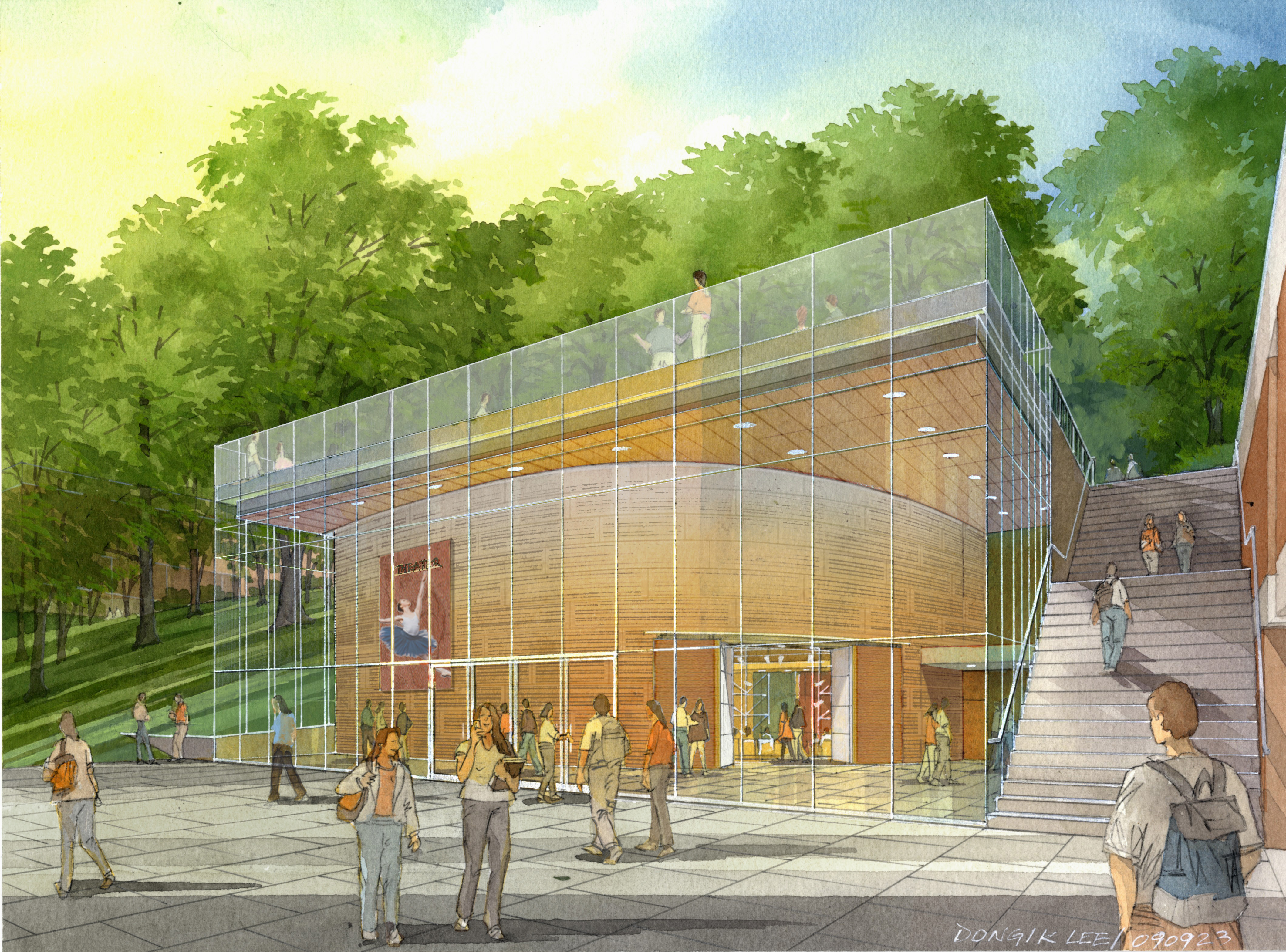 Digital rendering of a glass building with  people walking inside, outside, and on its roof