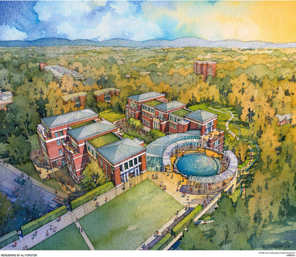 Digital rendering of the South Lawns brick buildings and amphitheater 