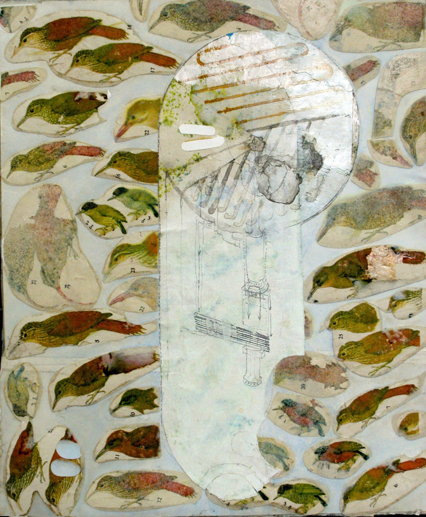 An illustration of a machine surrounded by birds.  The paper is stained