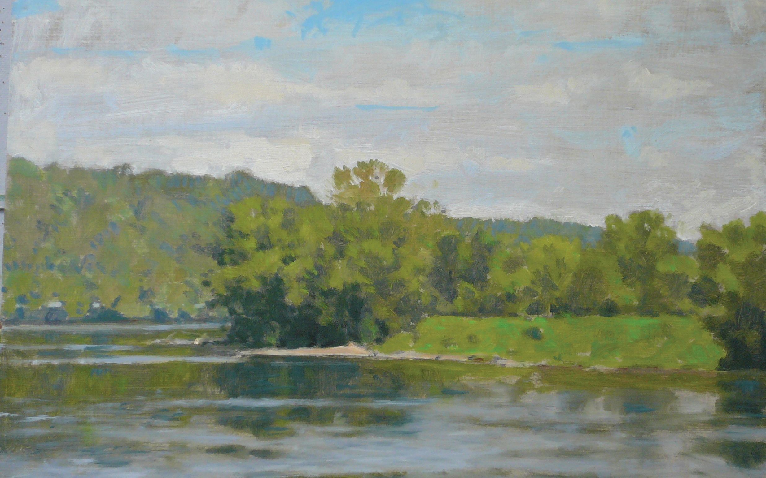 painting of trees lining a river
