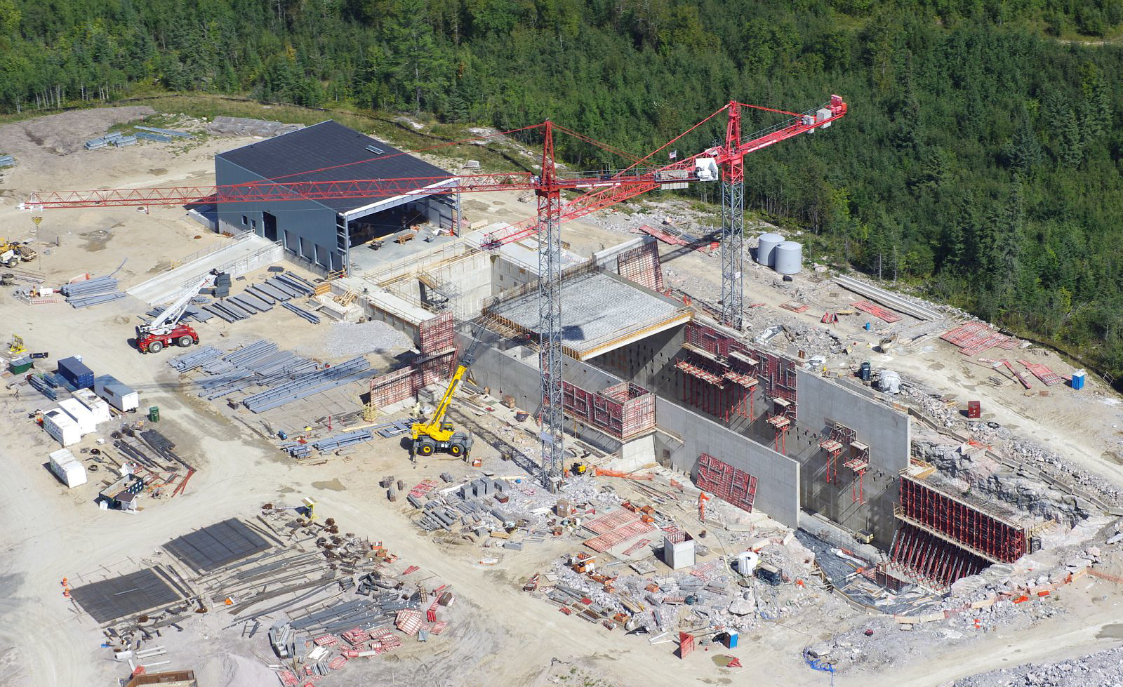 Aerial view of a construction site, with cranes, in Northern Minnesota