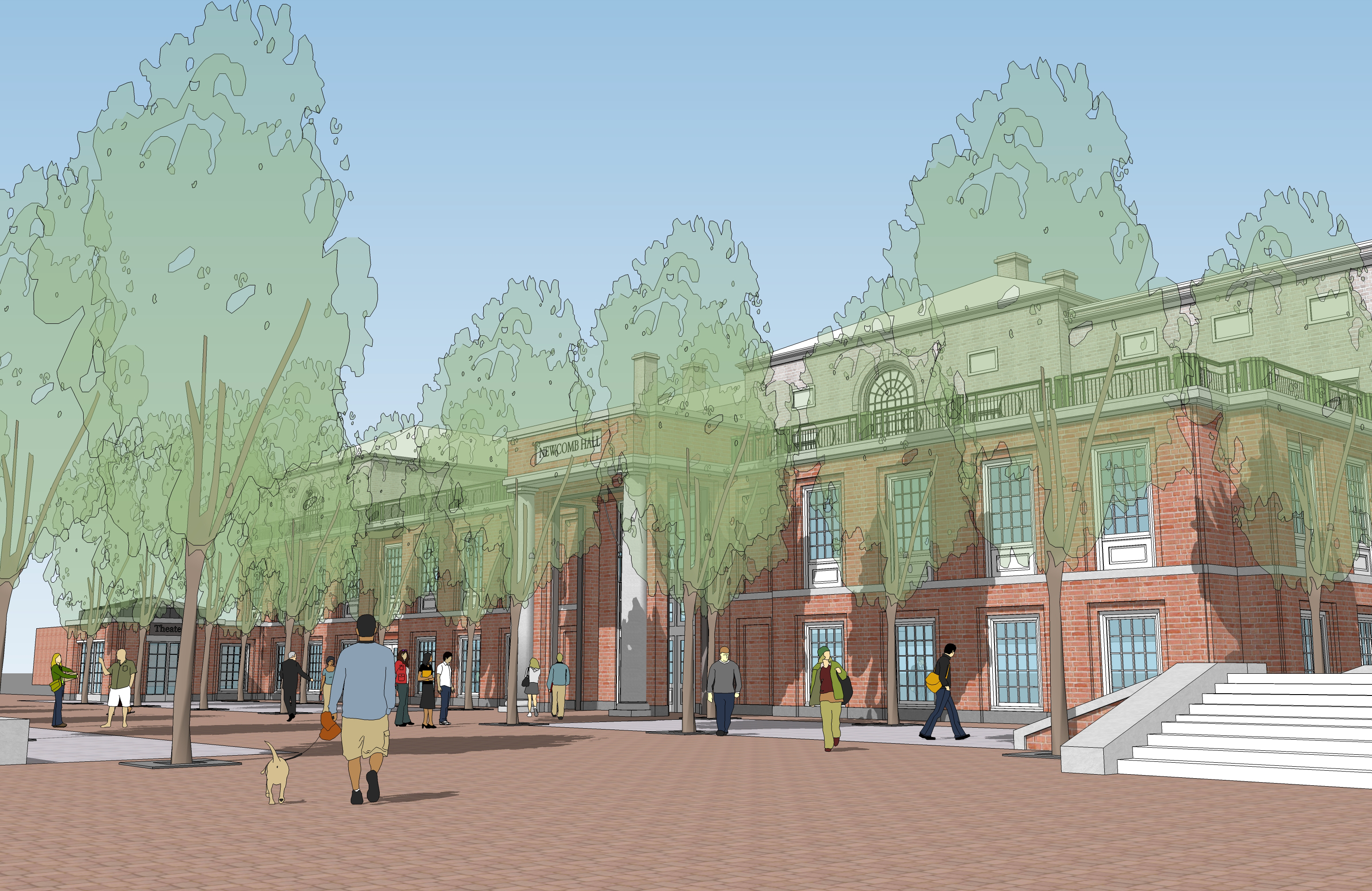 Digital rendering of the new Newcomb hall patio and entrance