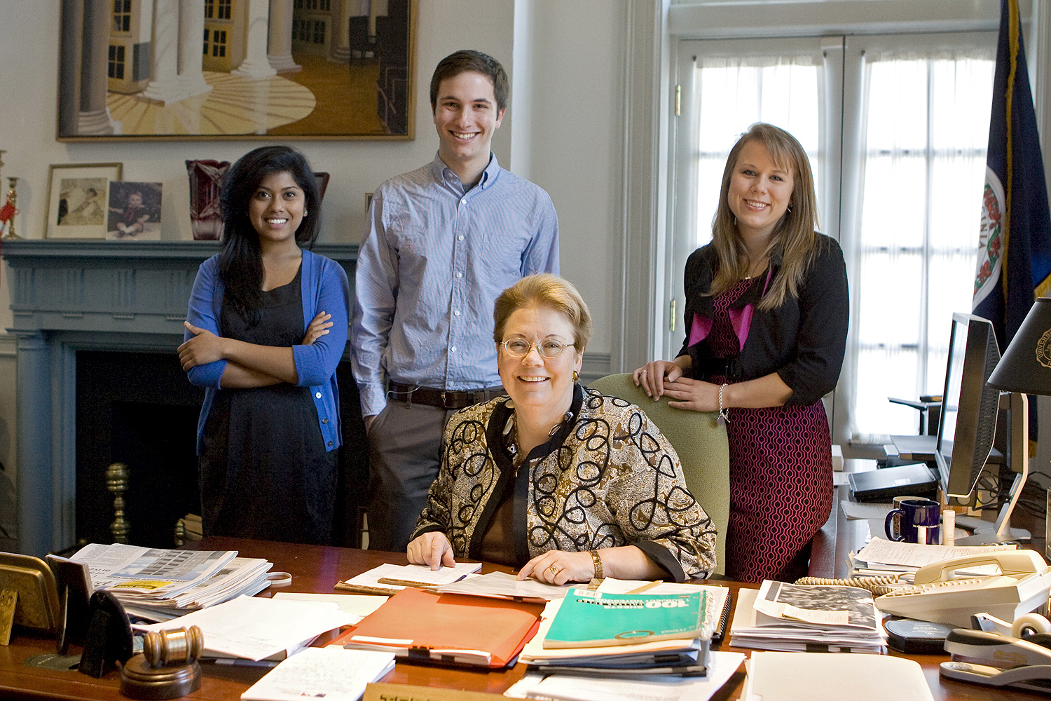 Group photo in President Sullivans office From left, Saara Zaman, Kevin Mernin and Kayla Harmon with U.Va. President Teresa A. Sullivan